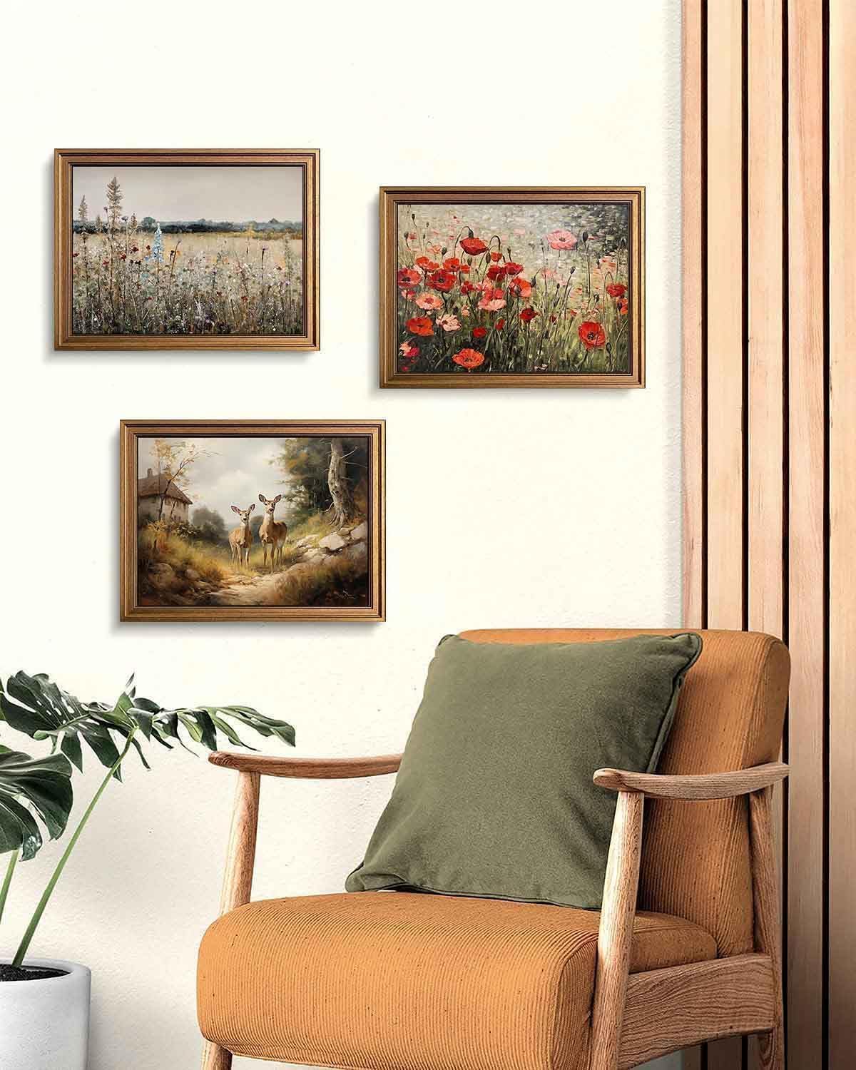 Yeechine Złota oprawiona sztuka ścienna vintage klasyczny francuski krajobraz polne kwiaty obraz botaniczny wydruk na płótnie kuchnia salon dekoracja ścienna (Champ Fleuri, 20 x 25 cm)