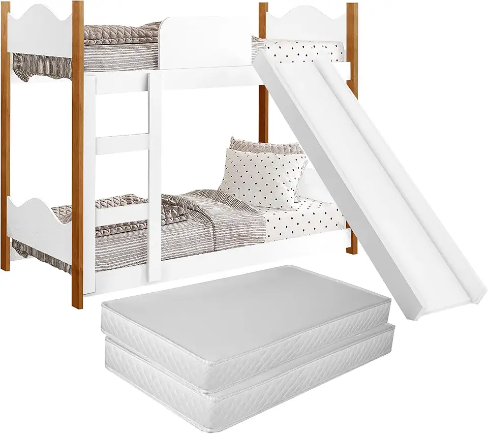 Beliche Infantil Para Quarto Da Criança Mini Cama Berço Resistente Encanto Montessoriana Com Escorregador Premium Com Grade Proteção Lateral Com Colchão Cor Branco