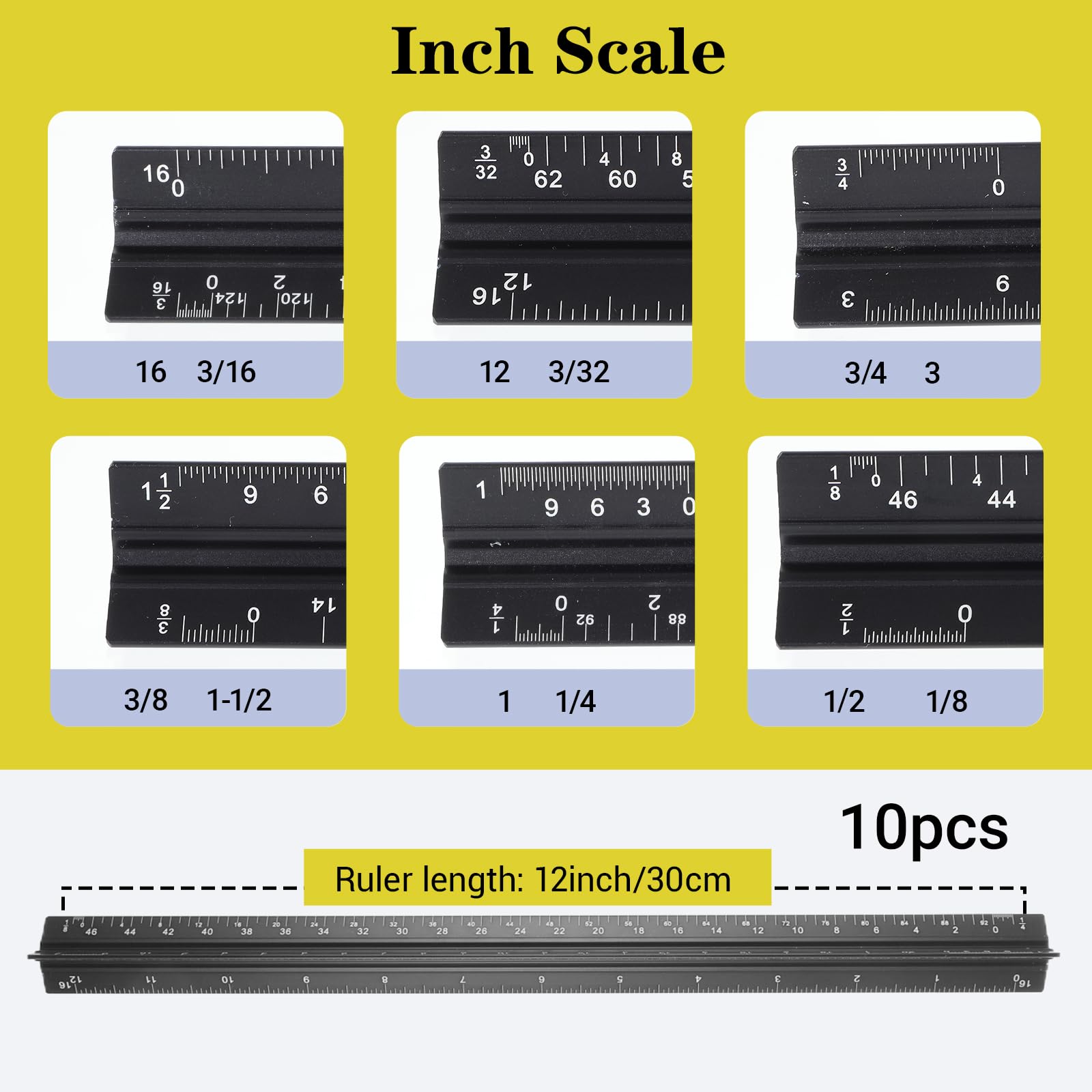 10 righelli per architettura da 30,5 cm, per architetti, ingegneri, ingegneri, triangolari, in lega di alluminio, strumenti di misurazione per architetti, ingegneri, disegnatori, artisti (nero)