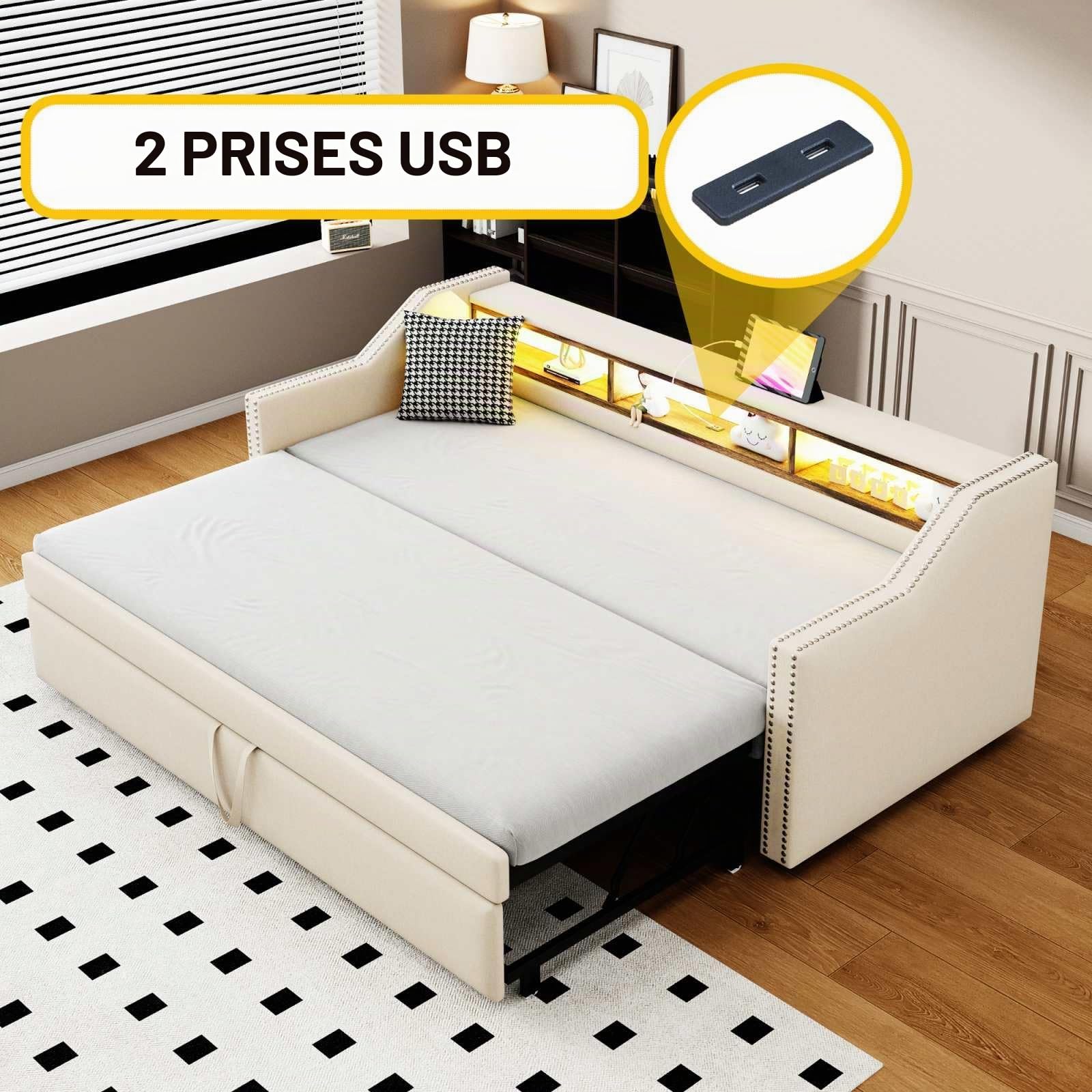 YEHTOKHOME Lit rembourré 90/180x190cm,canapé-lit Extensible avec lumière LED Multicolores et 2 USB Port de Charge, Multifonctionnel Compartiment de Rangement(sans Matelas) (Beige)