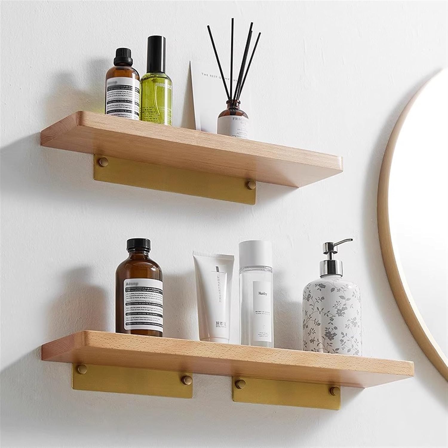 タワー マグネットバスルームバスケット＜ｔｏｗｅｒ 山崎実業 シャンプーラック お風呂収納 浮かせる収納＞ - ベルーナ【公式】 シャワー収納ラック 凹面付きフローティング木製棚、ドリル不要のブナ材壁面収納棚、キッチン、バスルーム、リビングルーム用の壁掛け木製デ