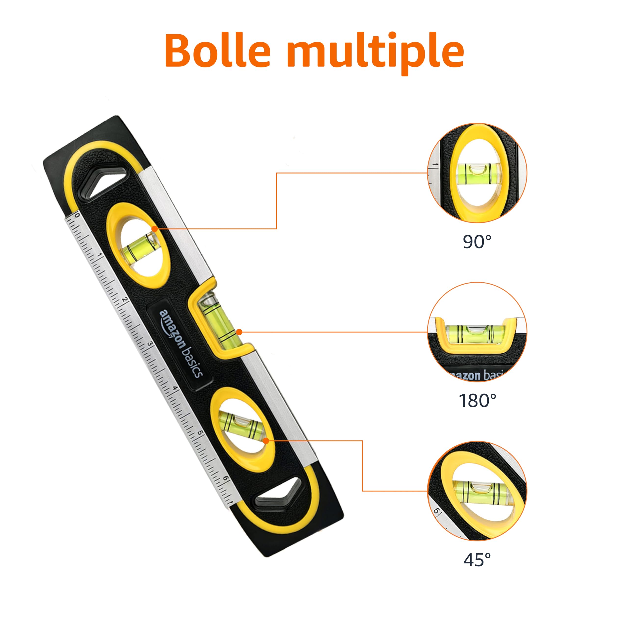 Amazon Basics livella torpedo magnetica e righello da 22.8 cm, a piombo/livella/bolla a 180, 90, 45 gradi, Nero, Giallo