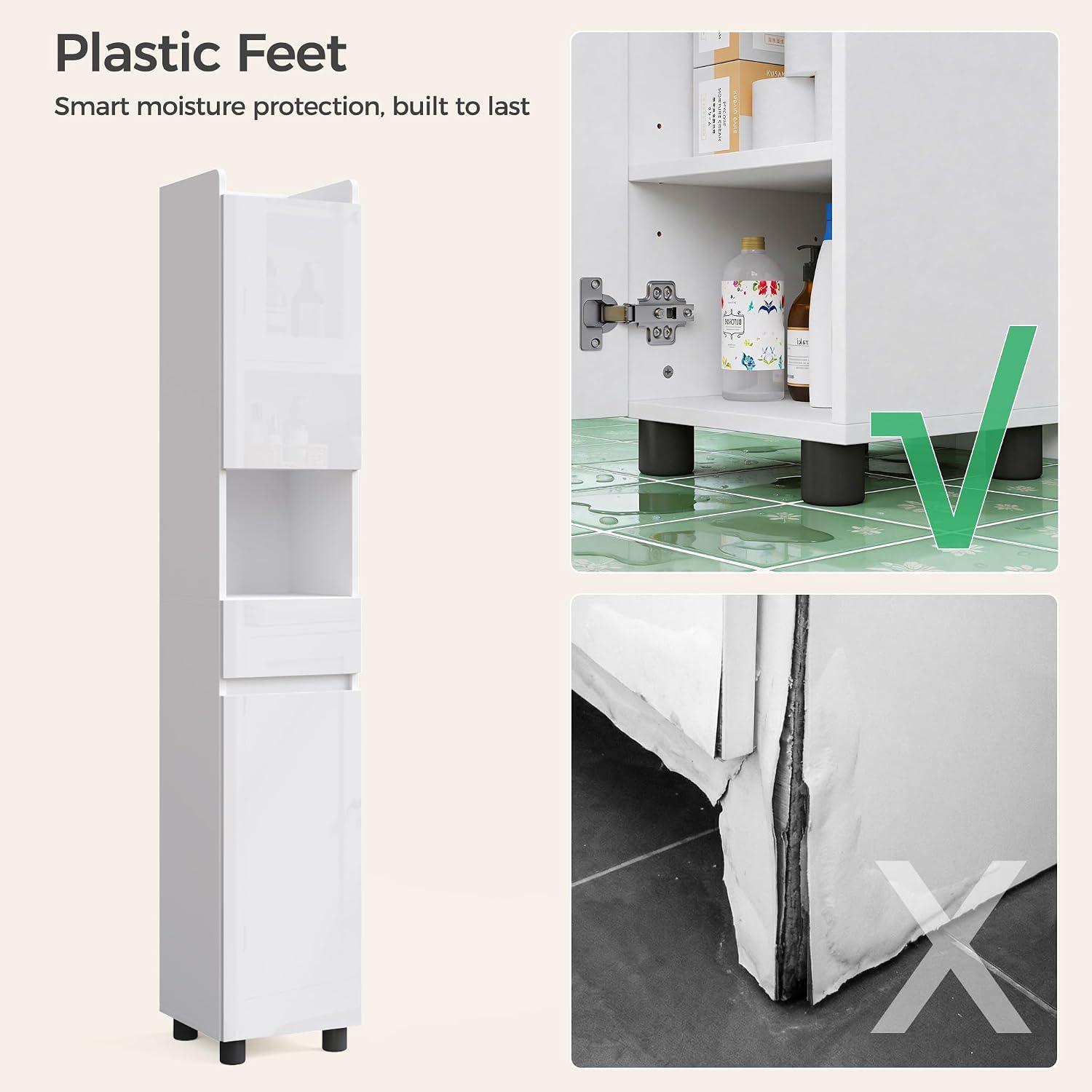 Mondeer Tall Slim Bathroom Cabinet with High Gloss Doors | Freestanding Storage Unit with Drawer, Open Compartments and Adjustable Shelves for Small Space , 30x30x170cm White