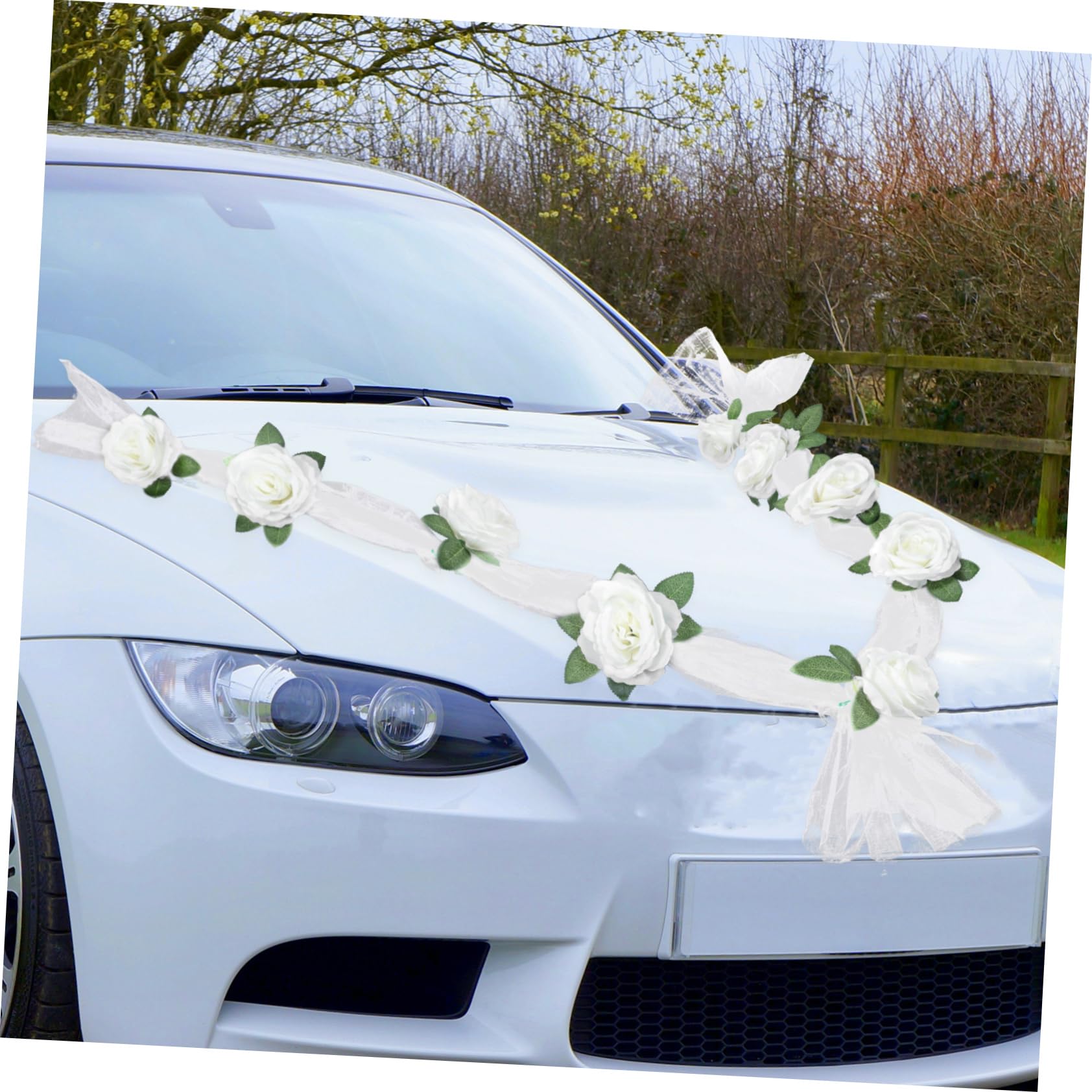 Amosfun 3 Ensembles Ceinture de Voiture de Mariage Titulaire marié artificiels Wedding Decorations Decoration Fete Artificiel décor de Fleurs de Mariage Fausse Rose Blanche Ruban
