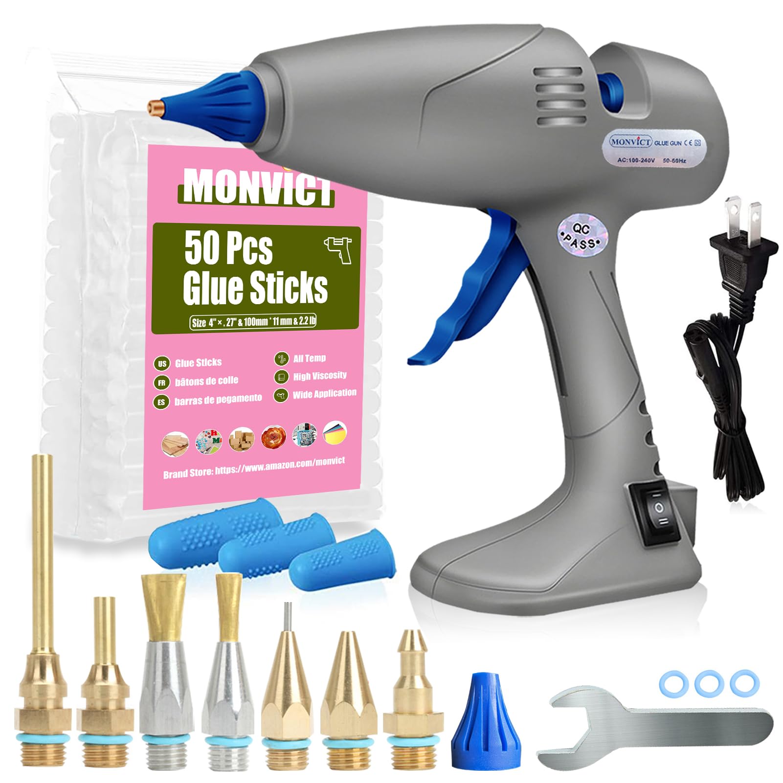 MONVICT Pistolet à colle thermofusible avec 7 buses en cuivre, 50 bâtons de colle, 3 protège-doigts en silicone, double commutation de température, cordon amovible filaire utilisant une base debout