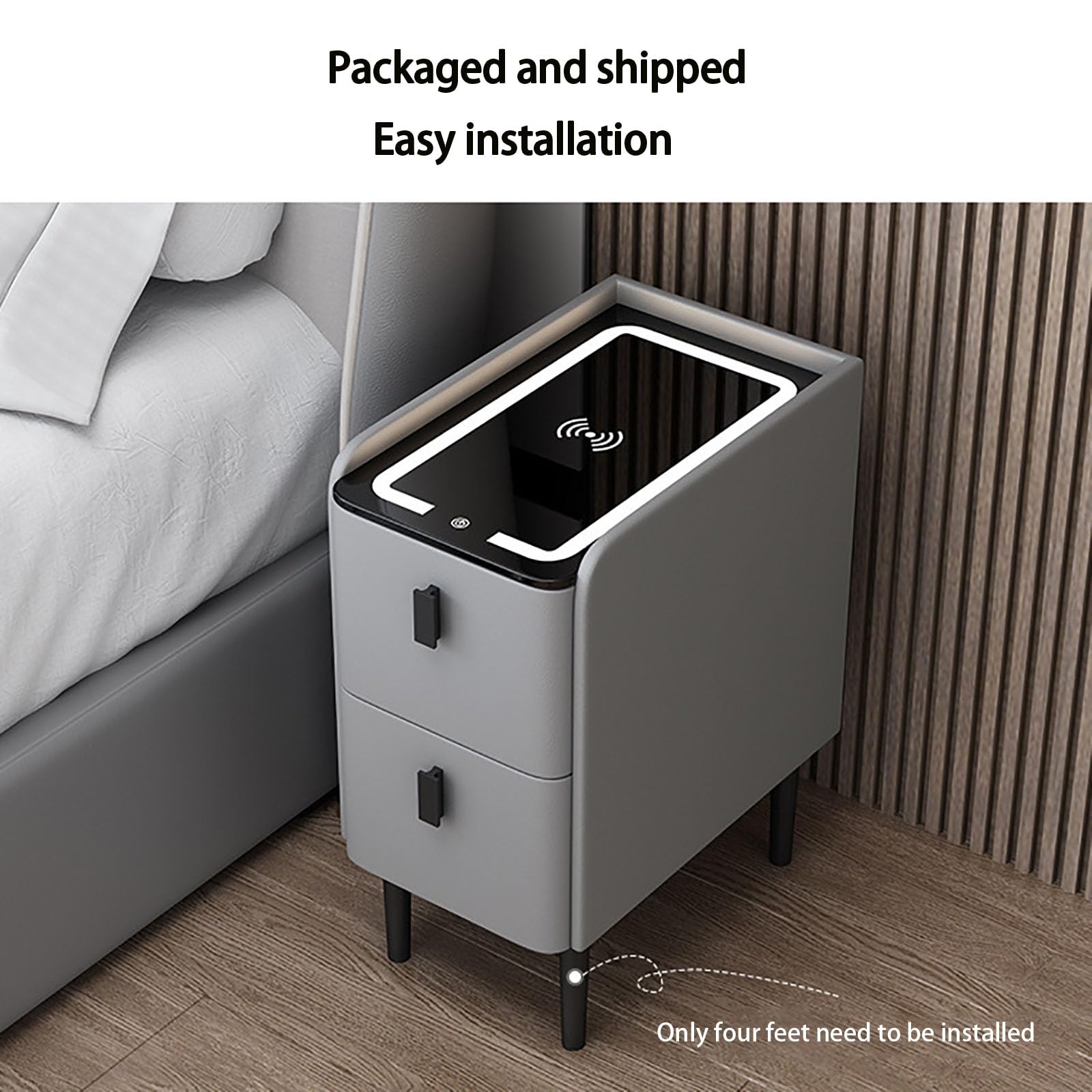 Veilleuse LED moderne avec Bluetooth et chargement en bois - Design multifonction - 2 Ders - 25 cm de large - Simple - Gris - Fourrure pour chambre à coucher - Décoration élégante