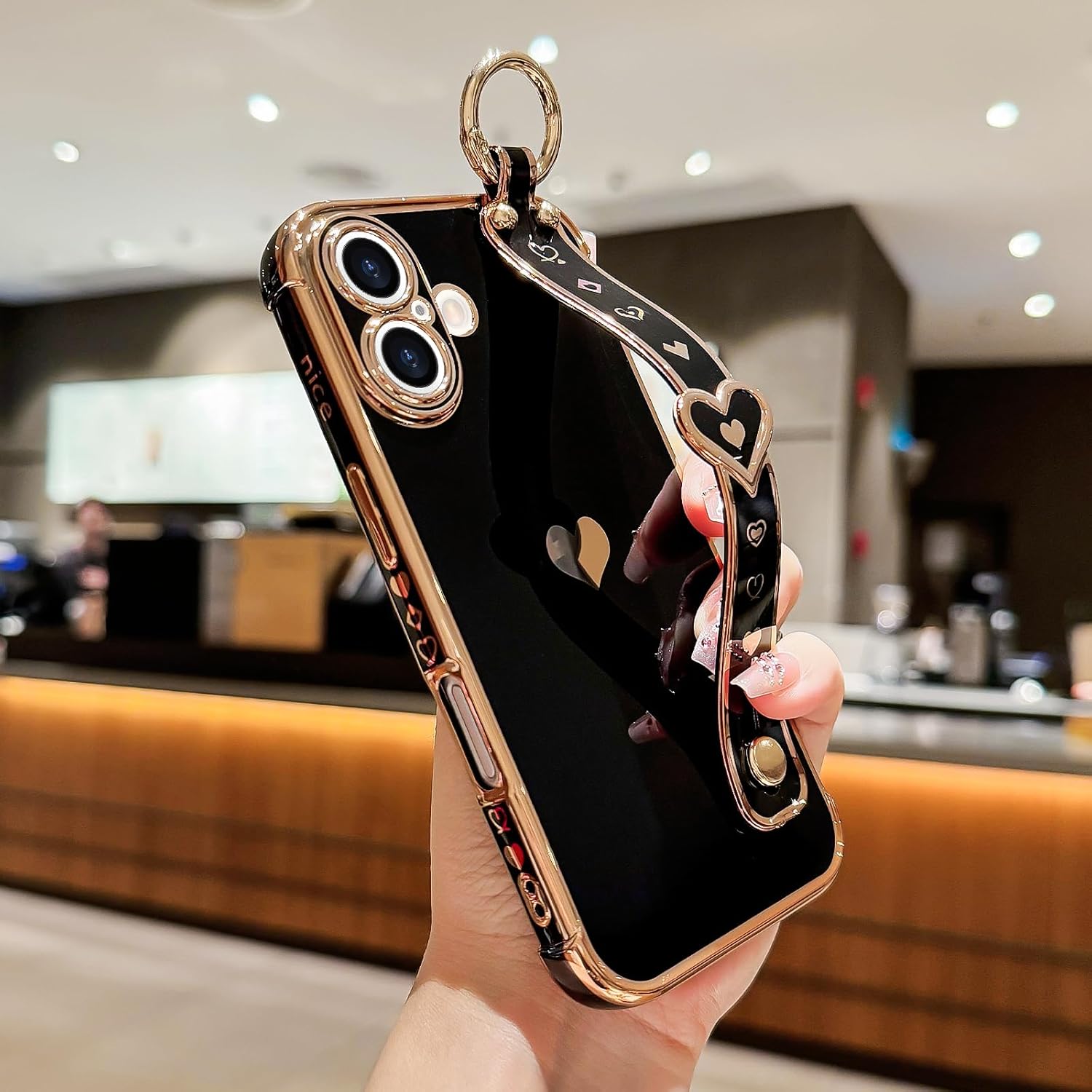 Compatible with iPhone 16 Case with Strap for Women Girls [2× Screen Protectors], Cute Love-Hearts Design, Wristband Kickstand Luxury Plating Edge Protective Phone Case (6.1") - Black - Image 2