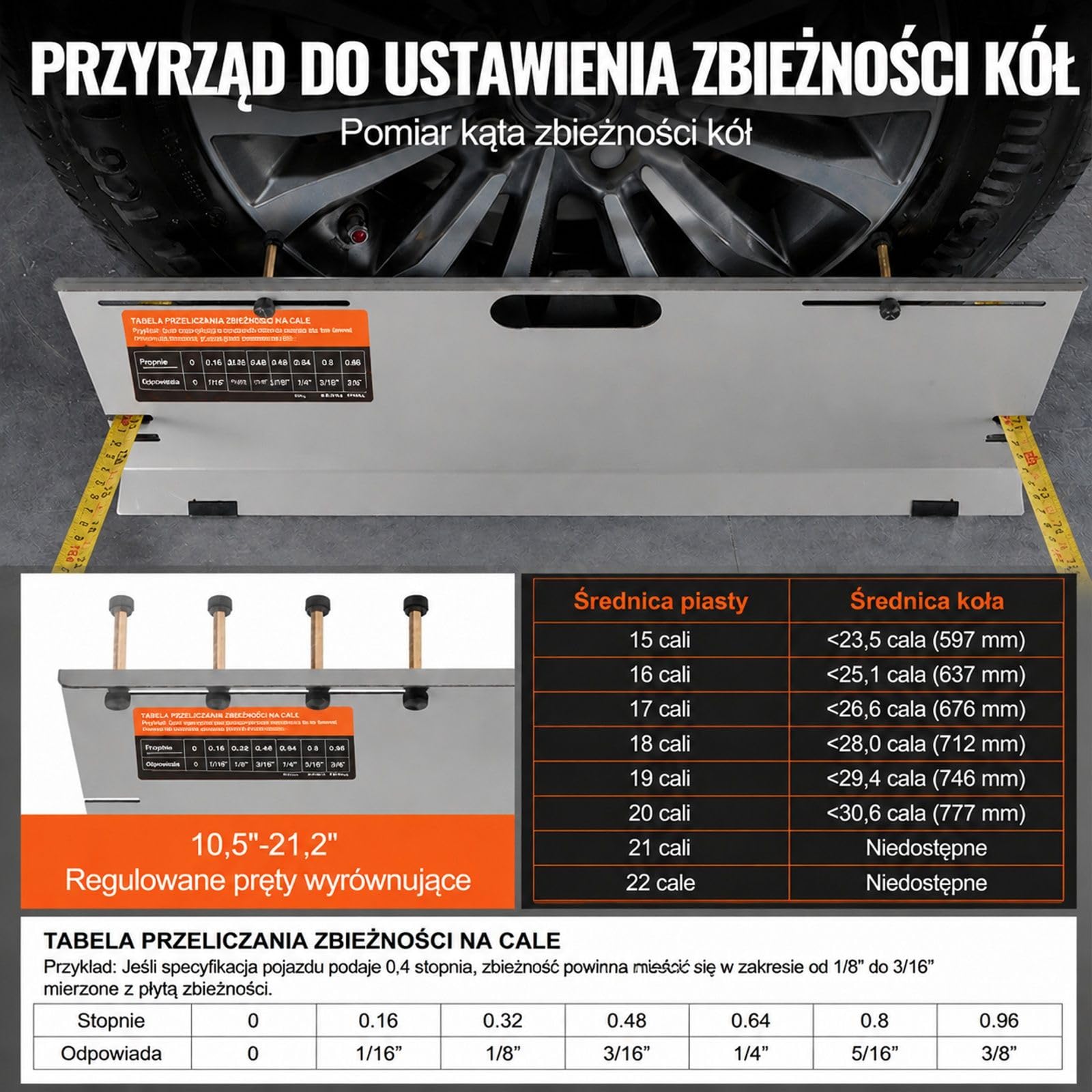 Narzędzie do geometrii kół z płytami zbieżności, miarką i tabelą konwersji do auta oraz garażu