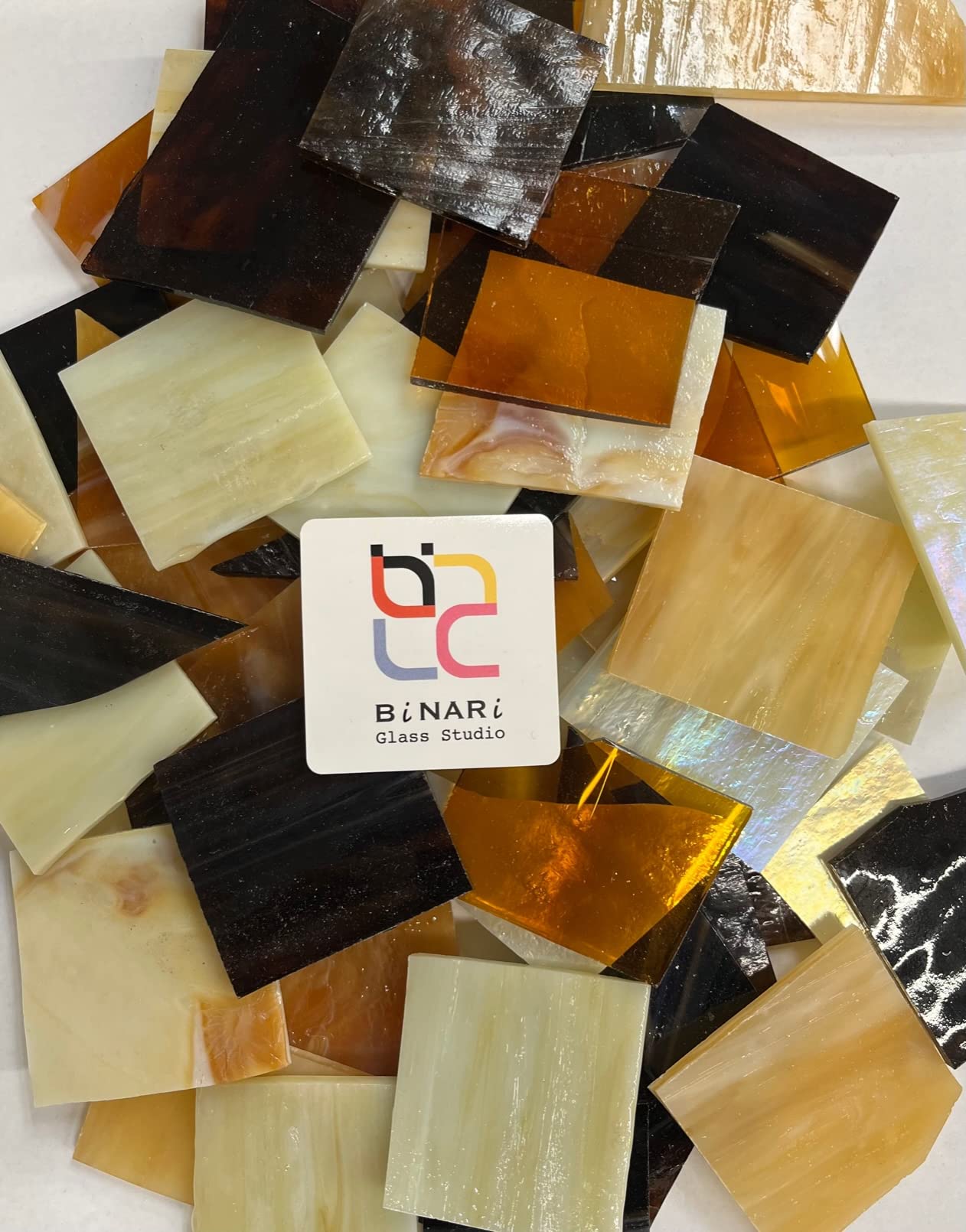 BiNARi Glass Studio Mosaic Stained Scrap Pieces Sheets, Mosaic Tiles for Crafts. Assorted Colors and Textures (Amber Tone 1.5LB)