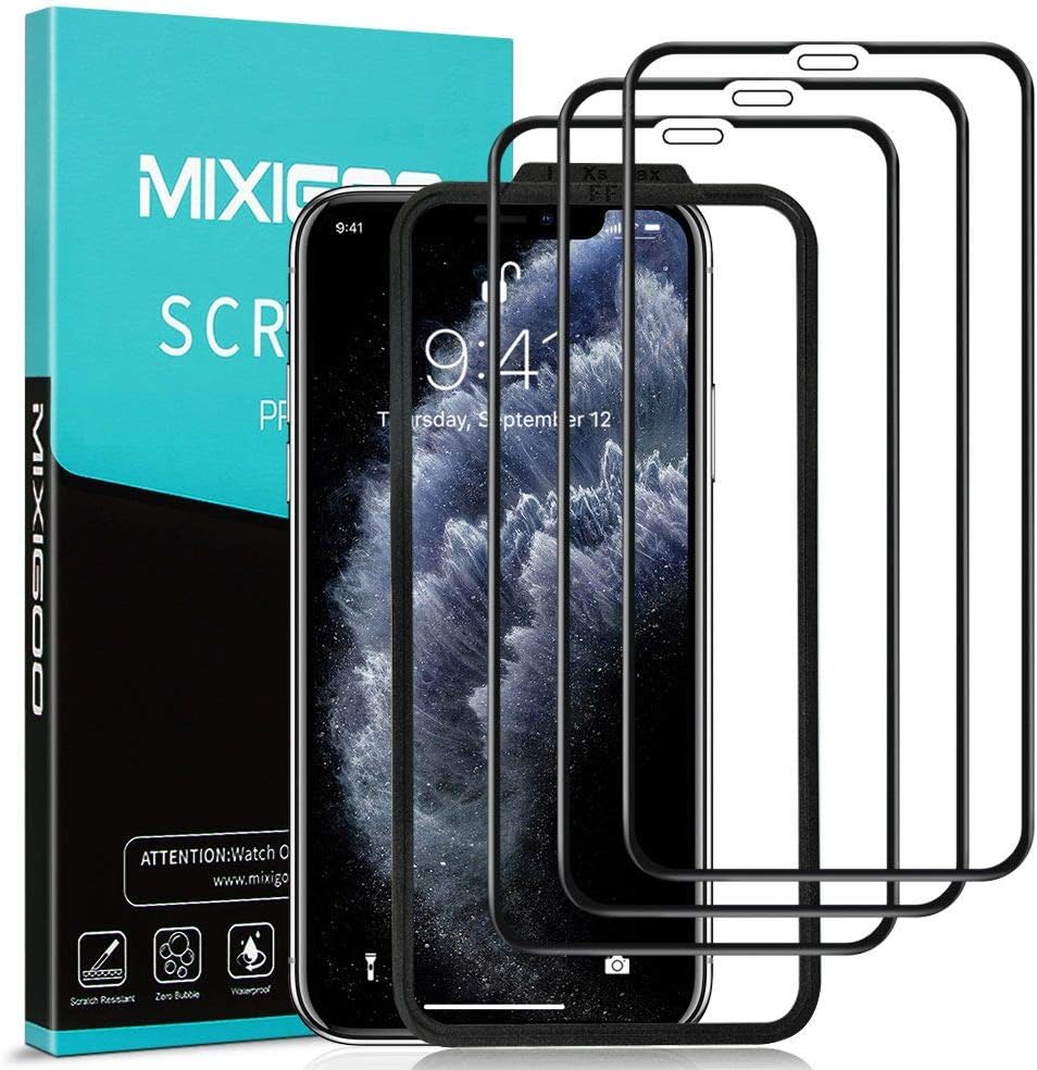 mixigoo 3 Packs Full Coverage Tempered Glass for iPhone 11 Pro Max/XS Max, 9H Hardness XS Max Screen Protector [Easy to Install Frame] Anti Scratch Glass Protector for iPhone 11 Pro Max/XS Max -6.5