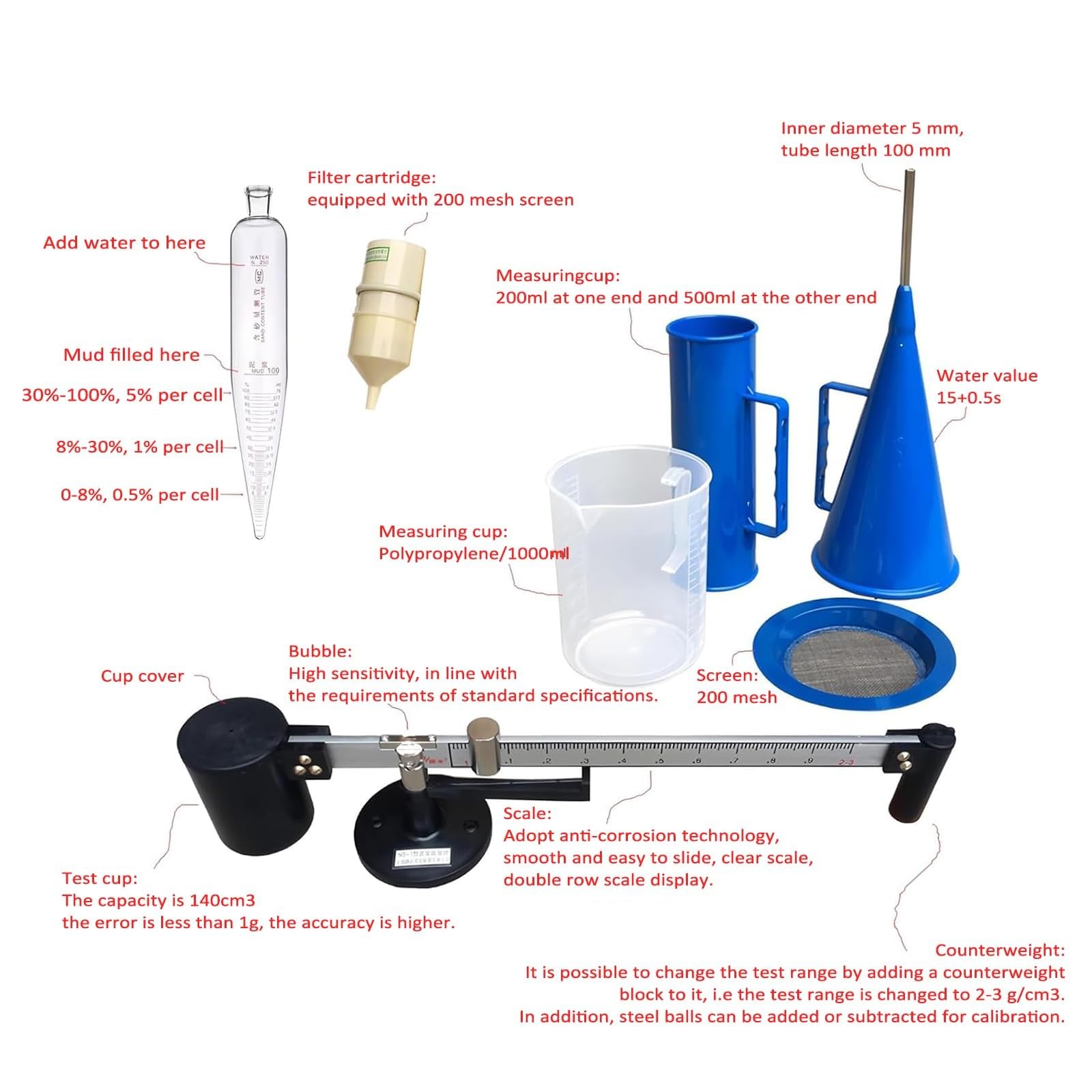 Kit per viscosimetro per fanghi portatile con custodia portatile in lega di alluminio 0.96-3g/cm³ Campo di misura 0,01 g/cm³ ad alta risoluzione per analisi dei fluidi/analisi di laboratorio precisa