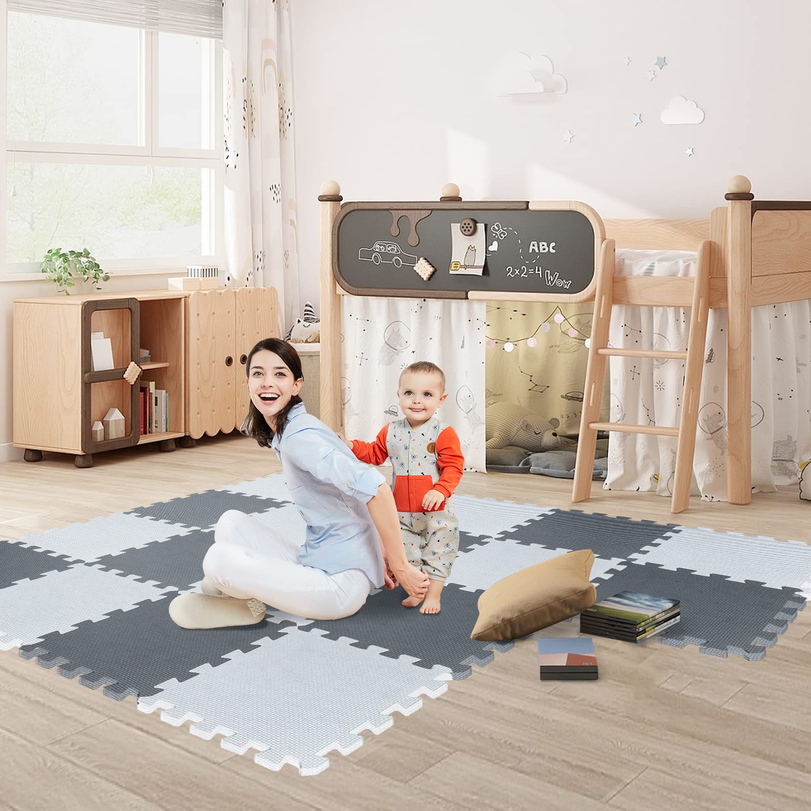 Tapis Puzzle Mousse pour Bébé, Tapis d'eveil Bebe 18 pièces, Chambre de Jeu pour Enfants, 30 x 30 cm, Gris et Blanc, Épaisseur 1 cm (Gris 18PC)