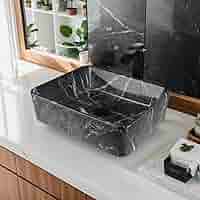 marble♡ GLOBAOSALU Black Marble Bathroom Vessel Sink With Faucet and