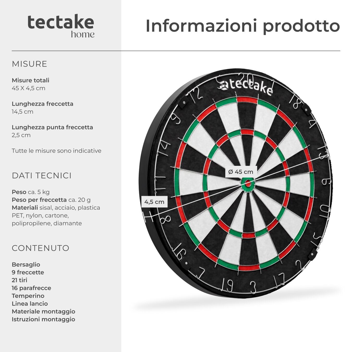 Tectake Bersaglio Freccette Professionali, 9 Frecce da Competizione, 21 Alette, Sisal Autorigenerante, Dart Board