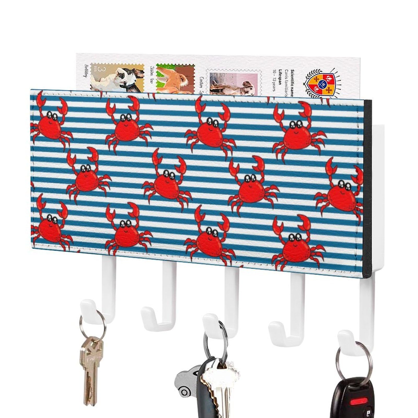 NCLQVJXZKHW Red Crab On Stripes Key Holder with 5 Hooks Key Hooks Wall Mounted Key Racks Key Hanger Organiser Shelf