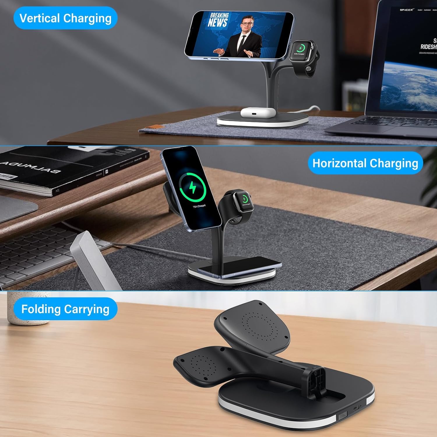 Stacja ładująca 5 w 1 do zegarka Apple Watch i iPhone, ładowarka magnetyczna do Magsafe iPhone 17 16 15 14 13 12 Series bezprzewodowa ładowarka do Apple Watch indukcyjna stacja ładująca do AirPods (z
