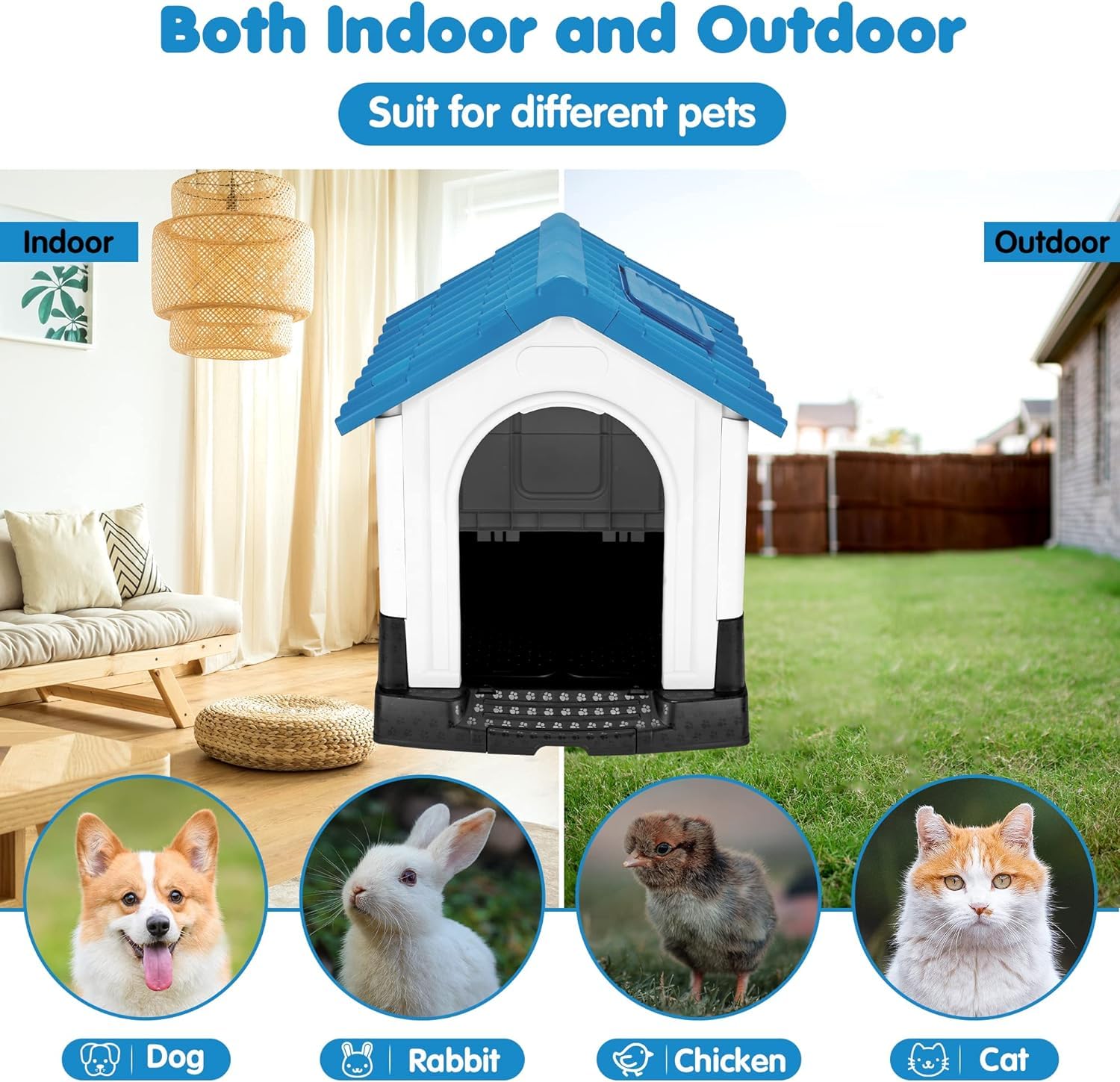 Lanco - Caseta para Perros Pequeños con Techo corredizo Regulable. Uso Interior y Exterior con ventilación. Material Resistente. 68x55x66cm. Azul y Blanco.