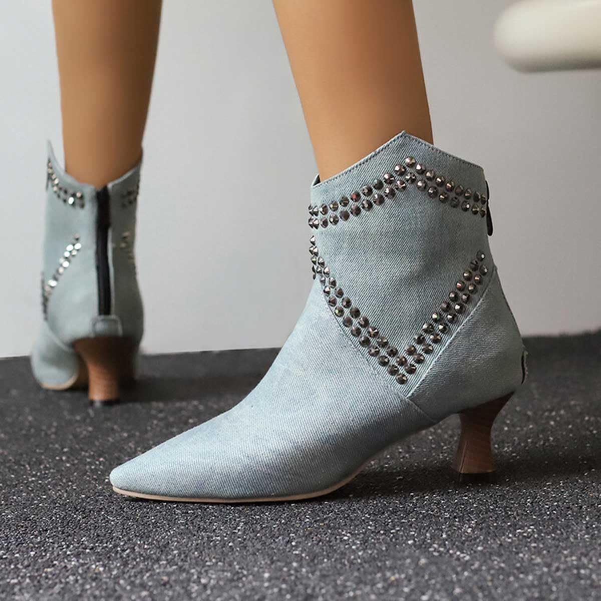 Artykey Damskie botki na średnim obcasie szpiczasty nosek seksowne szpilki gotyckie botki moda na co dzień buty outdoorowe jesień zima buty, NIEBIESKI, 41 EU