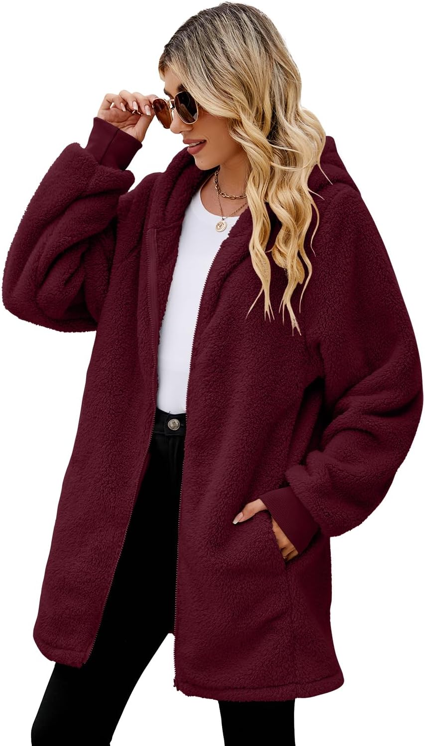 ReachMe Womens Fleece Zip Up Jacket with Pockets Oversized Long Sherpa Hoodie Fuzzy Jackets Warm Teddy Coat - Image 3