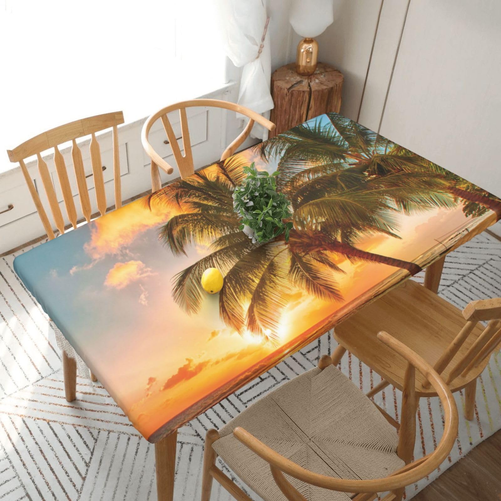DCEHGEW Elastic Fitted Rectangle Tablecloth for 5ft Tables, Tropical Beach Palm Tree Sunset Printed Oilproof & Washable Fabric Picnic Table Cloth Table Covers