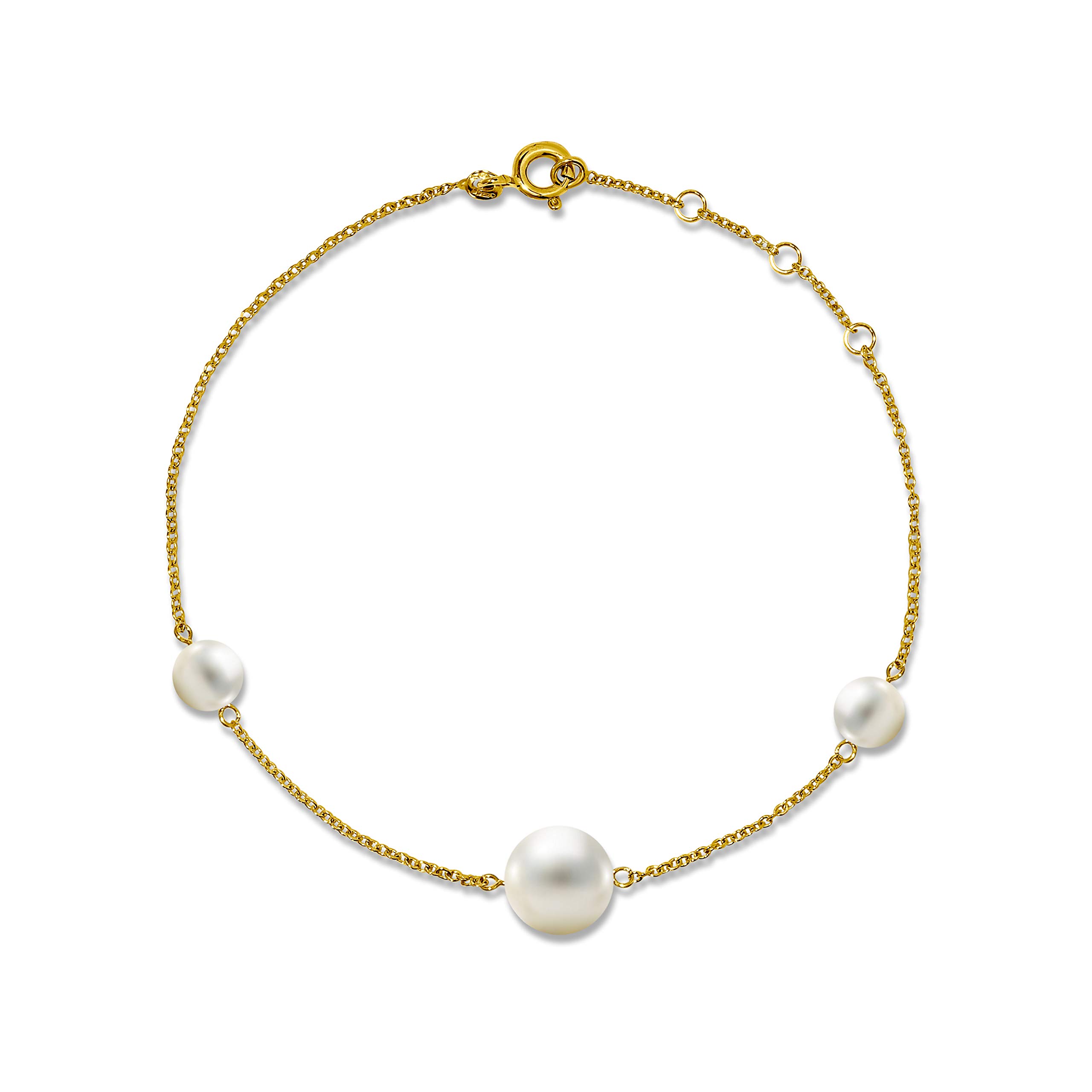 MIORE Damen Armband | echtes 14 Karat (585) Gelbgold | Perlen Armband mit 3 weiße runde Süßwasserperlen | hautfreundlicher Damenschmuck Gold | Länge 21,5 cm | nachhaltiger, handgemachter Damen Schmuck