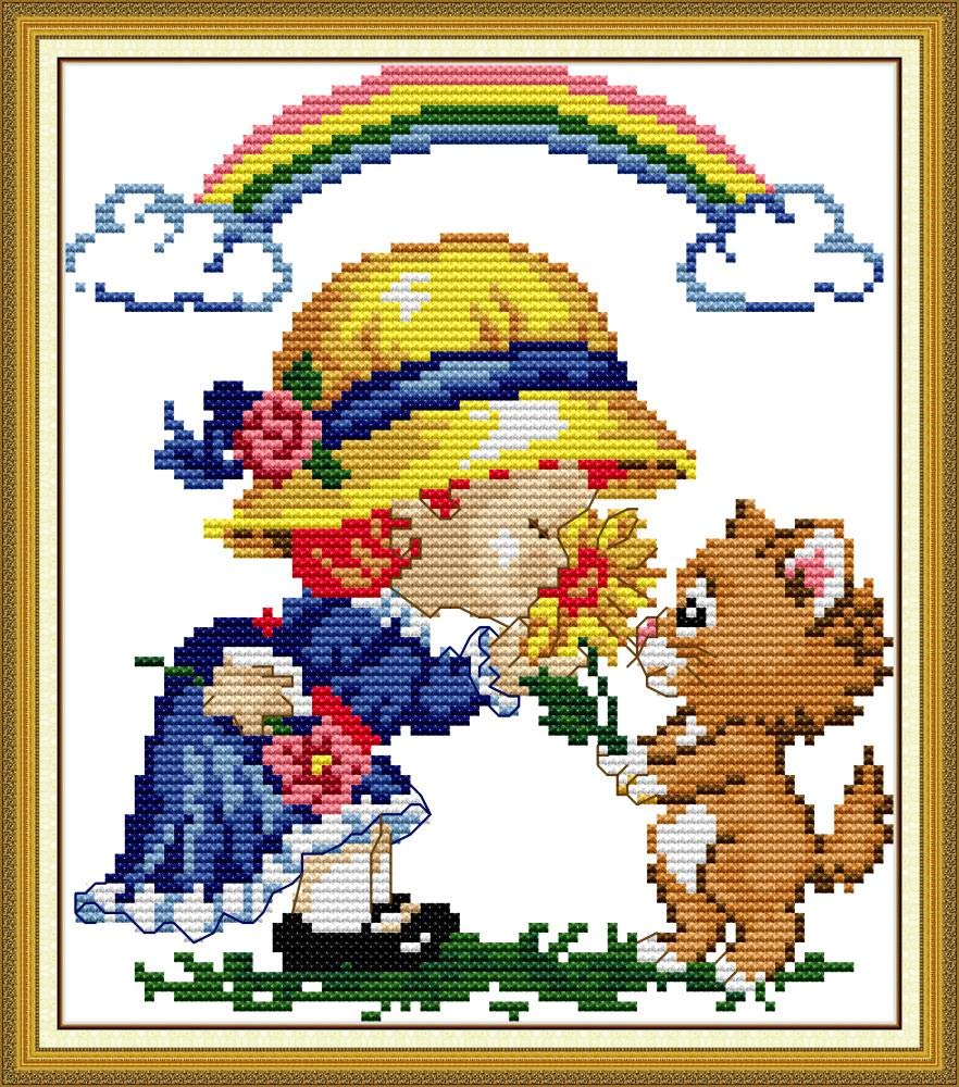 Wowdecor Women's Girl Cross Stitch Embroidery Kits For Adults Kids, Lovely Puppy Rainbow 11Ct Stamped Diy Dmc Needlework Easy Beginners
