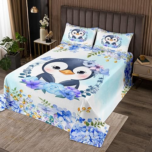 Manfei Colcha de pingüinos de dibujos animados para niños, tamaño King, bonito juego de colcha de animales de poste ártico, decoración de habitación