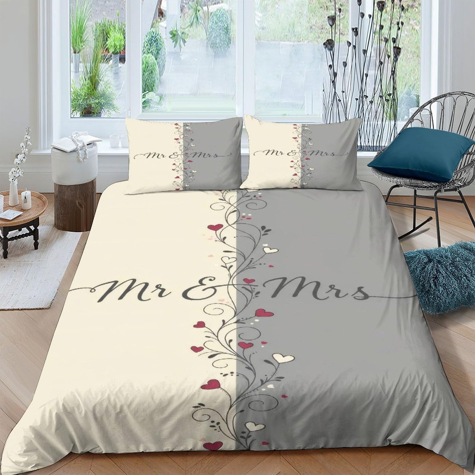 GPLZQXKJNH 3D Printed Mr & Mrs Duvet Cover Set Microfiber Soft Grey Beige Heart Quilt Cover with 2 Pillowcases for Bedroom Home Single（135x200cm）