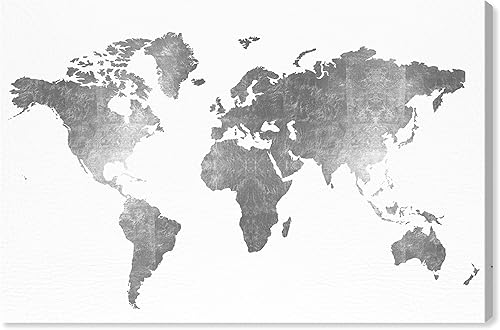 The Oliver Gal Artist Co Maps and Flags Mapamundi - Lienzo moderno de cuero plateado Mapamundi para pared decoración del hogar sala de estar