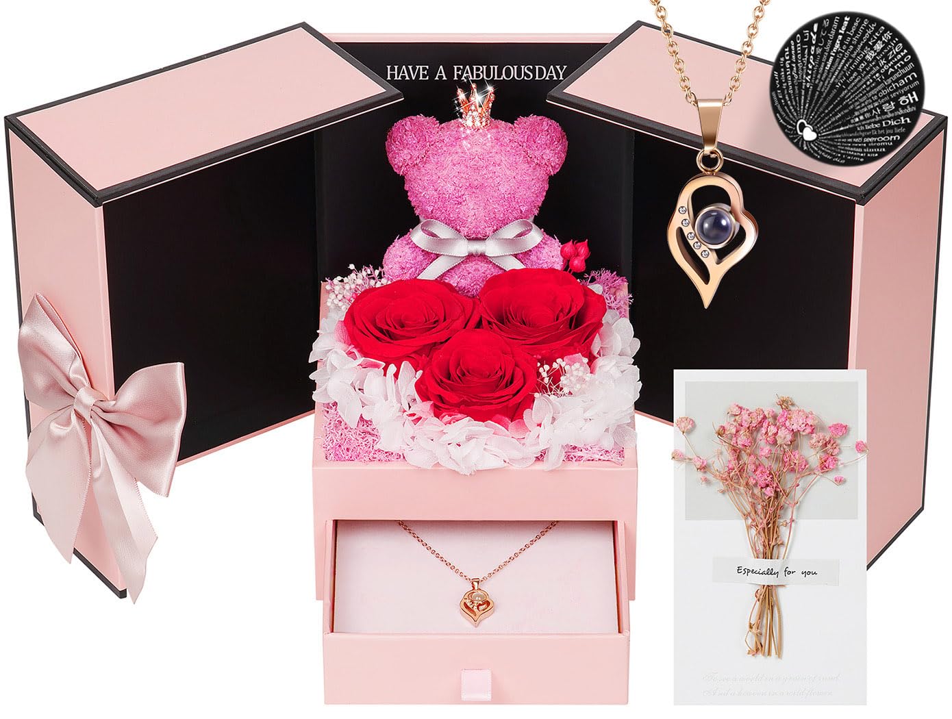 ADDWel Valentines Day Rose Gifts for Women, Preserved Eternal Roses Bear Gift Box with I Love You Necklace 100 Languages Romantic Forever Real Roses Gifts for Her Girlfriend Wife Mom Birthday Presents