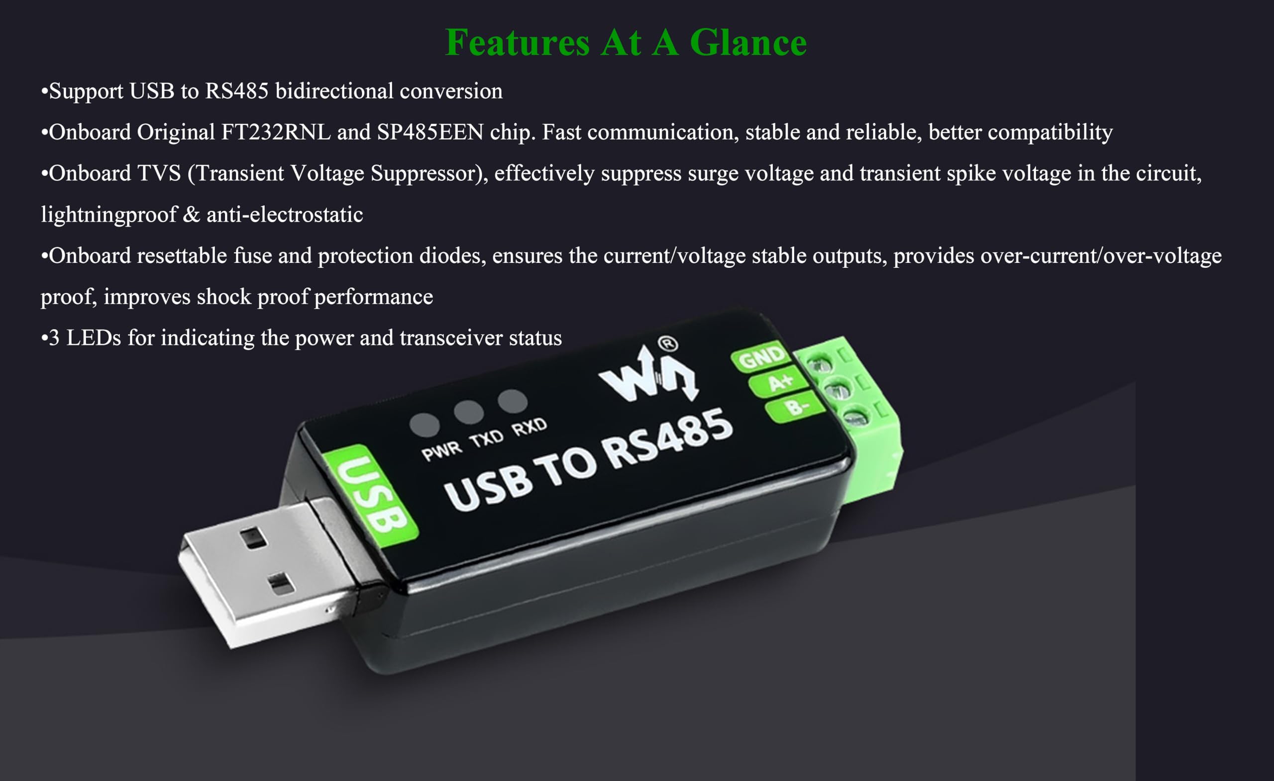 Industrial USB to RS485 Bidirectional Converter with Original FT232RNL and SP485EEN Chip, Supports Linux, Android,Win11/10/8.1/8/7/XP, etc. With Protection Circuits for Industrial Control Equipments