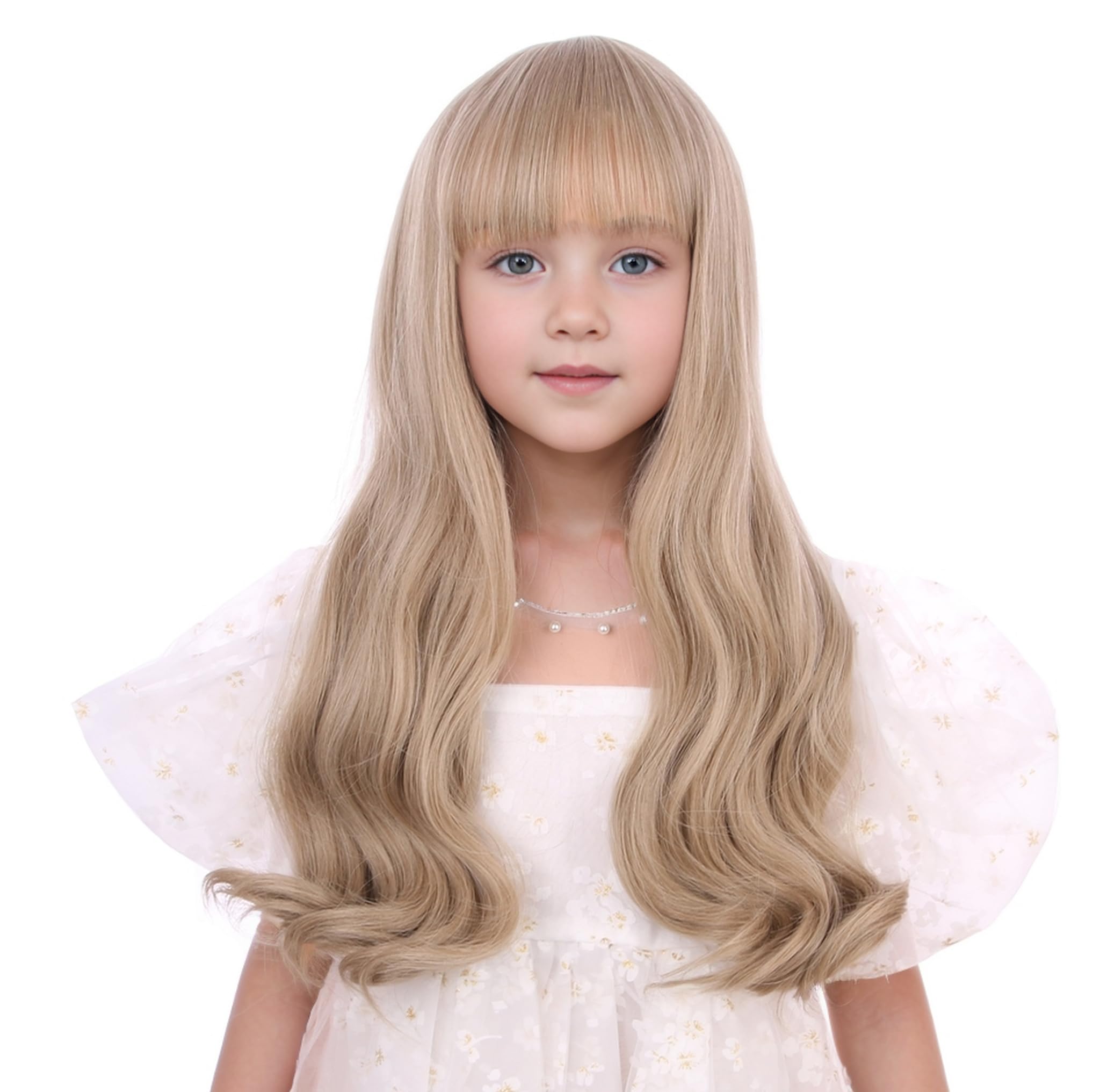 Edivd Mixed Blonde Wig for Kids Child Long Ash Blonde Wig with Flat Bangs Long Wavy Curly Wigs for Girls Heat Resistant Synthetic Wigs with Cap