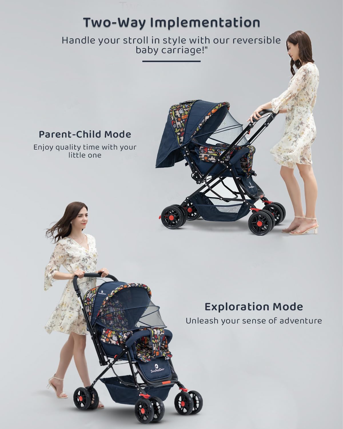 StarAndDaisy Sunrise Baby Stroller Lightweight Foldable Stroller for 0-5 Years, 3-Point Safety Harness, Adjustable Backrest, 360° Swivel Wheel, Extended Mosquito Net, Reversible Handlebar, Large Storage Basket(Delta) - Image 5 thumbnail
