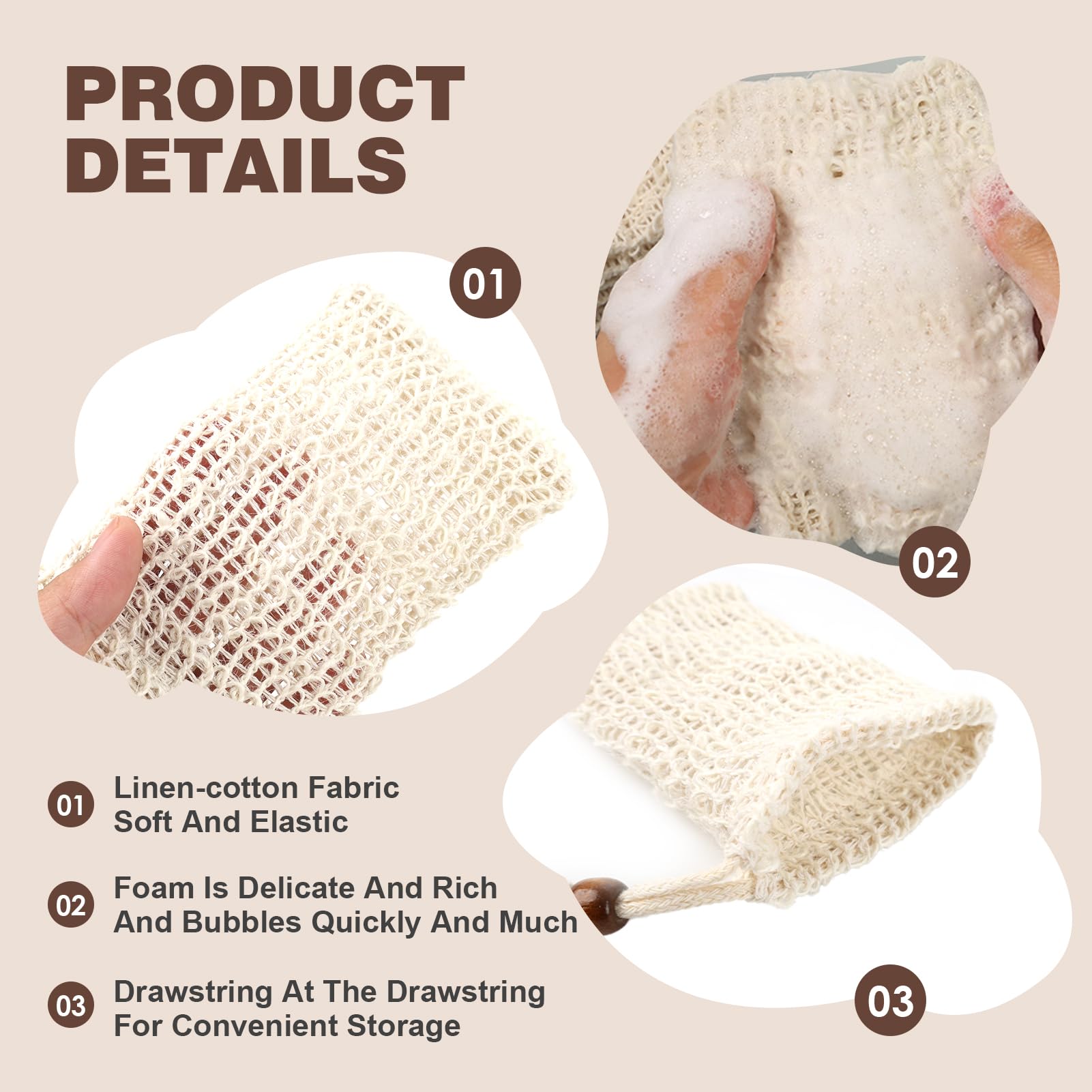 Lot de 8 sachets à savon pour savon solide, en sisal naturel, bio – Avec cordon de serrage pour suspendre, mousse solide et effet exfoliant, idéal pour la douche et les voyages