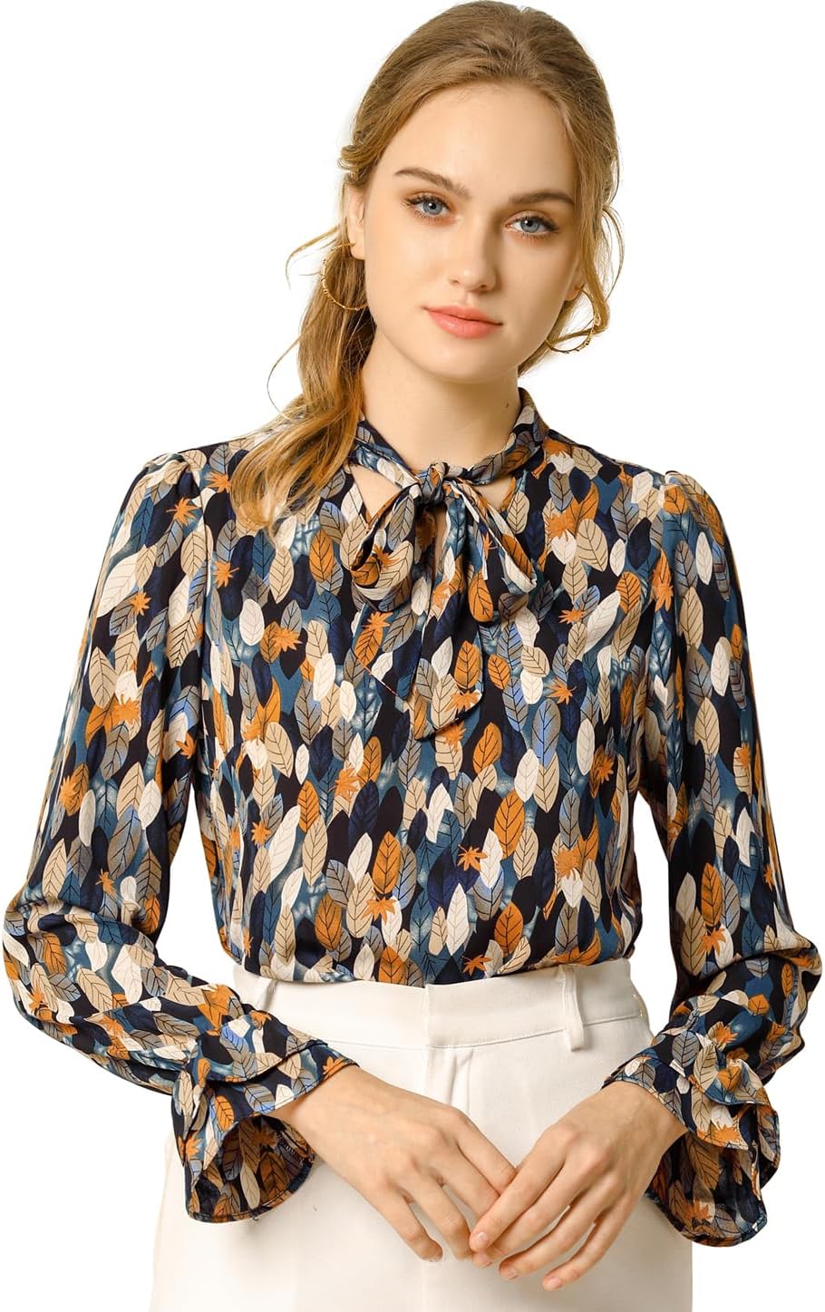 Allegra K Women's Long Sleeve Blouse Tops 2025 Fall Floral Bow Tie Neck Chiffon Ruffle Top Dressy Casual Shirt