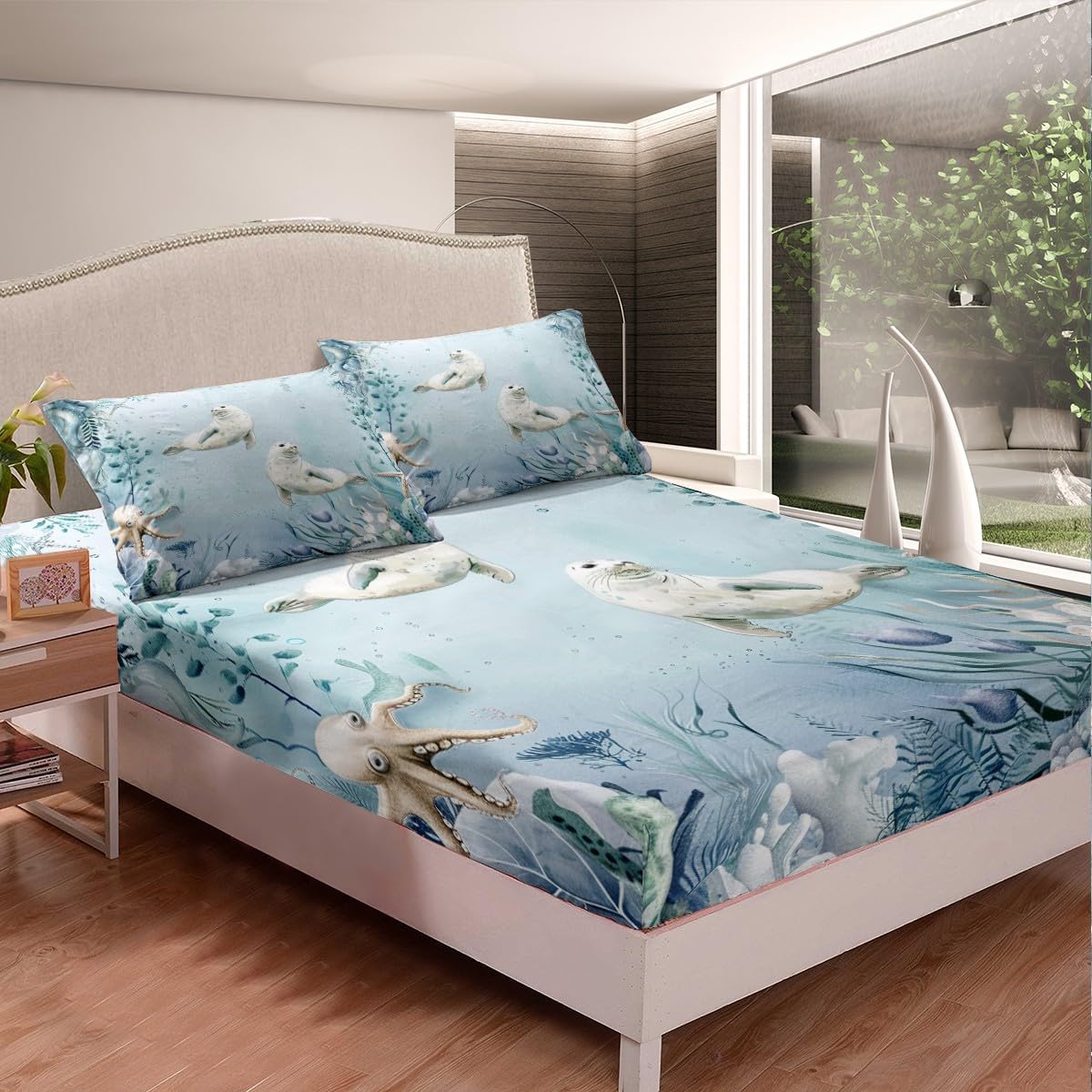Seal Fitted Sheet Teal Blue Ocean Beach Coastal Twin Bed Sheets for Girls,Starfish Octopus Tentacles Sheets Underwater Creature Coral Bedding Set,Kawaii Fish Room Decor