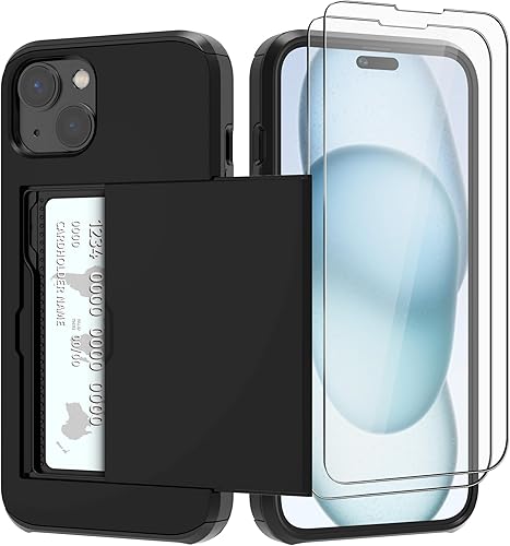 Arichoe Funda protectora resistente compatible con iPhone 15 Plus con tarjetero y protector de pantalla a prueba de golpes para hombres y mujeres