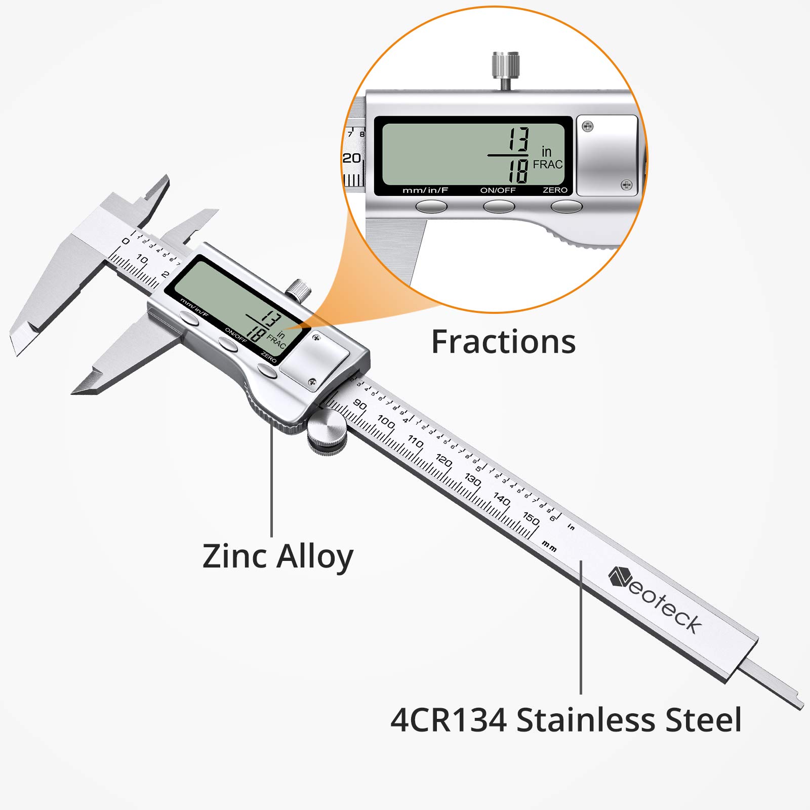 Neoteck Digitale Calibro a Corsoio 150mm / 6Pollice + Spessimetro Calibro a Nonio Elettronico Acciaio Inox Conversione Metrica/Inch/Frazioni Strumento Misurazione LCD per Lunghezza Larghezza Diametro