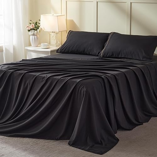 Miniatura 1 de SunStyle Home Juego de sábanas King de 4 piezas negras suaves para cama tamaño King, sábanas transpirables con bolsillos profundos de hasta 14