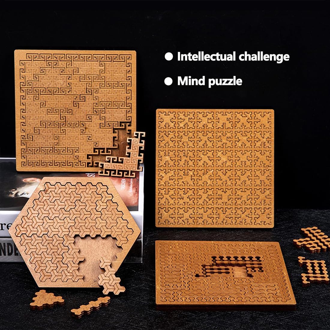 Rompecabezas de Bandeja Fractal, Rompecabezas de Madera Educativo for Adultos, desafío de Rompecabezas de Madera Irregular Duro for Juegos de Entrenamiento Cerebral (4 Piezas)