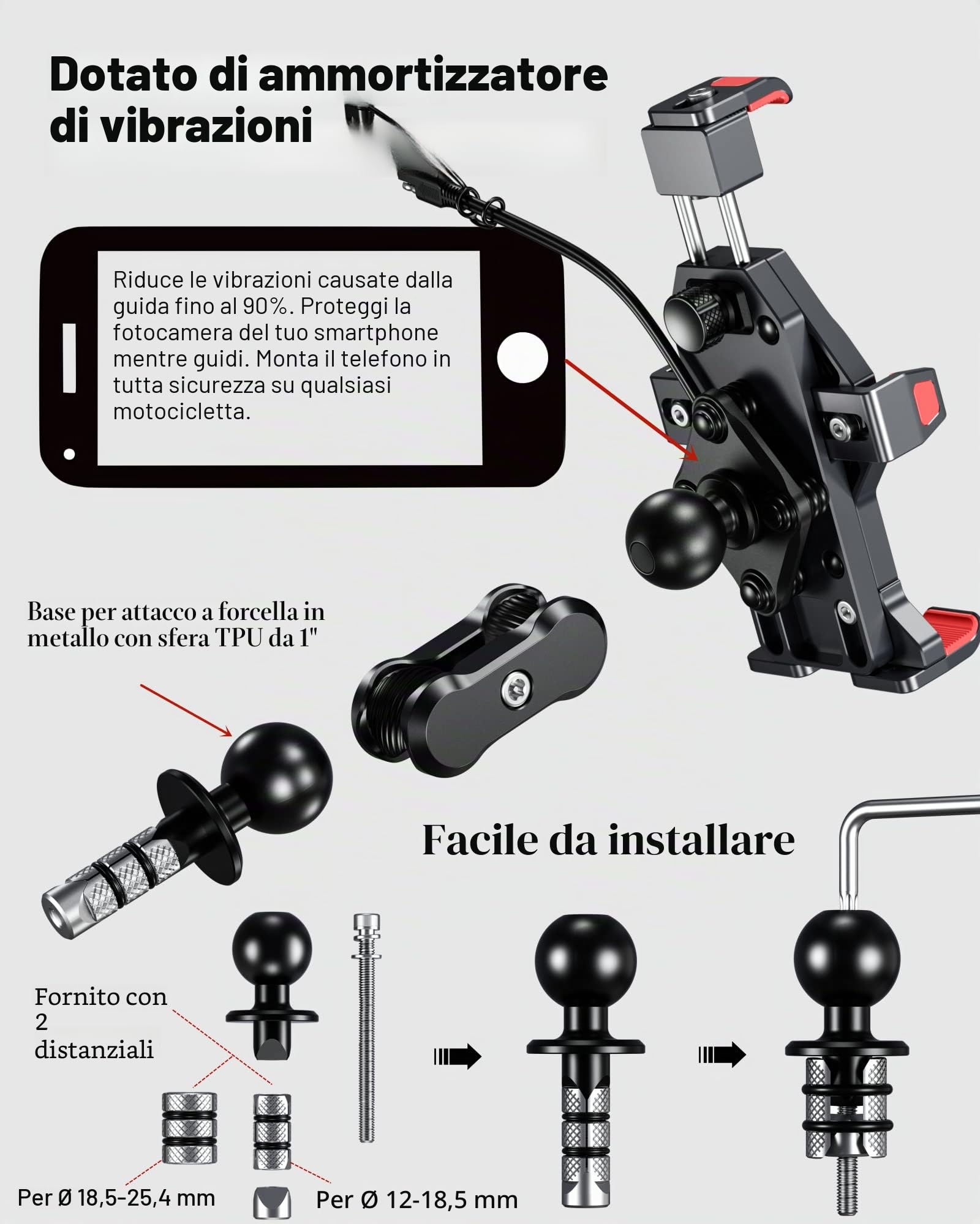 BRCOVAN Lega Alluminio Supporto Telefono per Stelo Forcella Motociclo con Caricabatterie wireless Qi 15W e Smorzatore Vibrazioni, Metallo Porta Telefono per Moto per 4.7''-7.2'' Smartphone