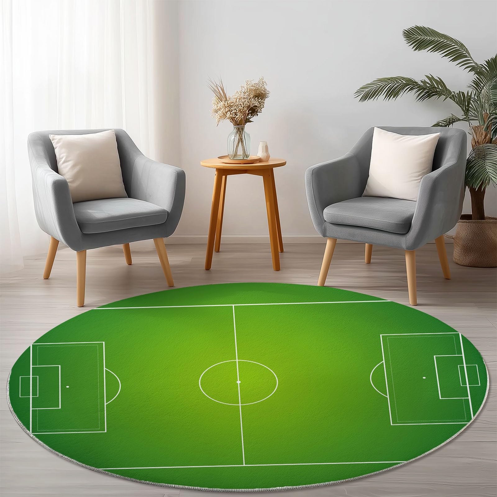 Generisch Teppich Rund Einfach Linien Fußballfeld Drucken rutschfest Waschbar Runder Teppich 150 cm für Wohnzimmer Kinderzimmer Büro Korridor, Weich Flaumig Flanell Teppiche Grün
