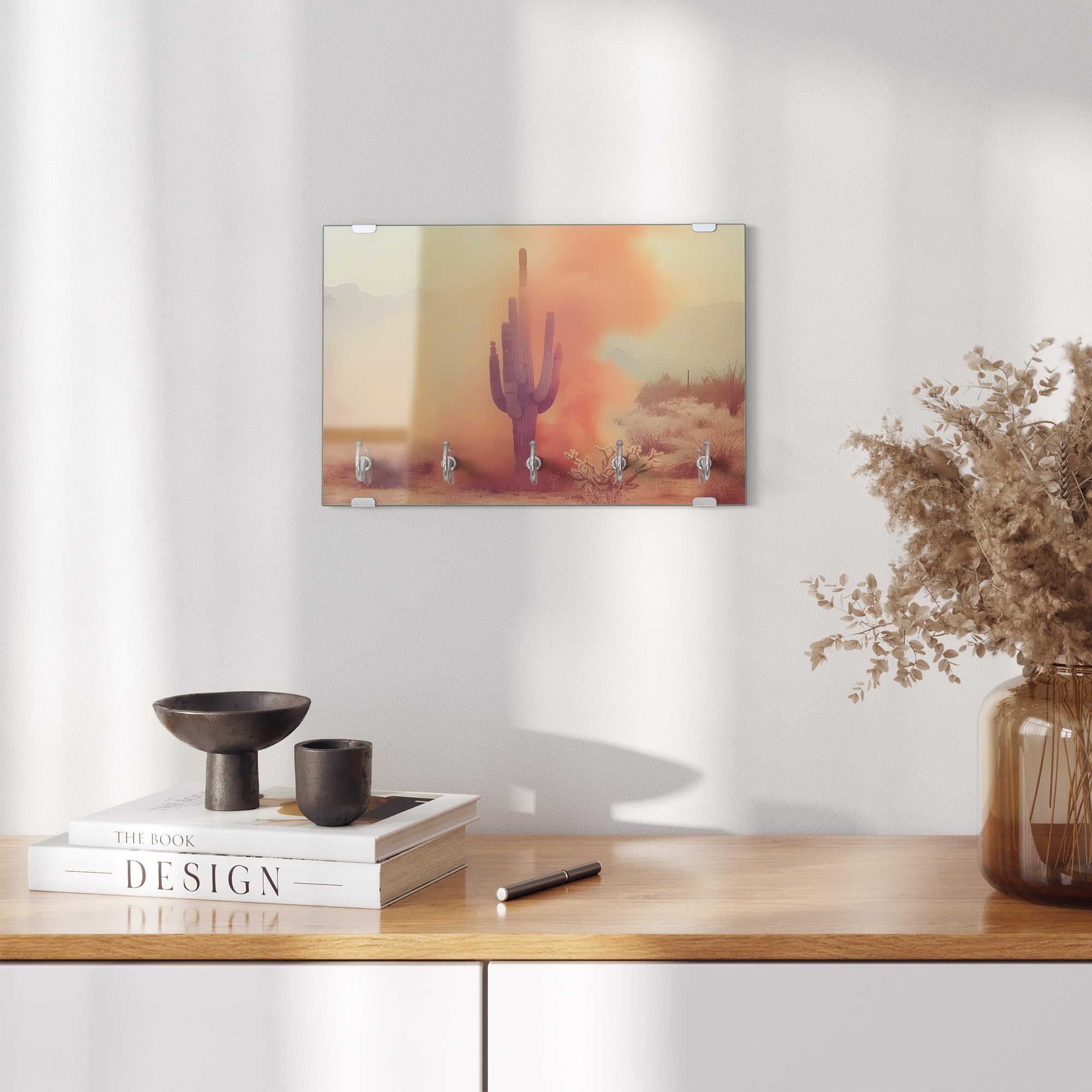 DEQORI Tablica na klucze ze szkła | motyw znaku dymnego pustyni | ok. 30 x 20 cm | z 5 haczykami, magnetyczna – nowoczesne przechowywanie kluczy i uchwyt na klucze do korytarza, biura, kluczy i