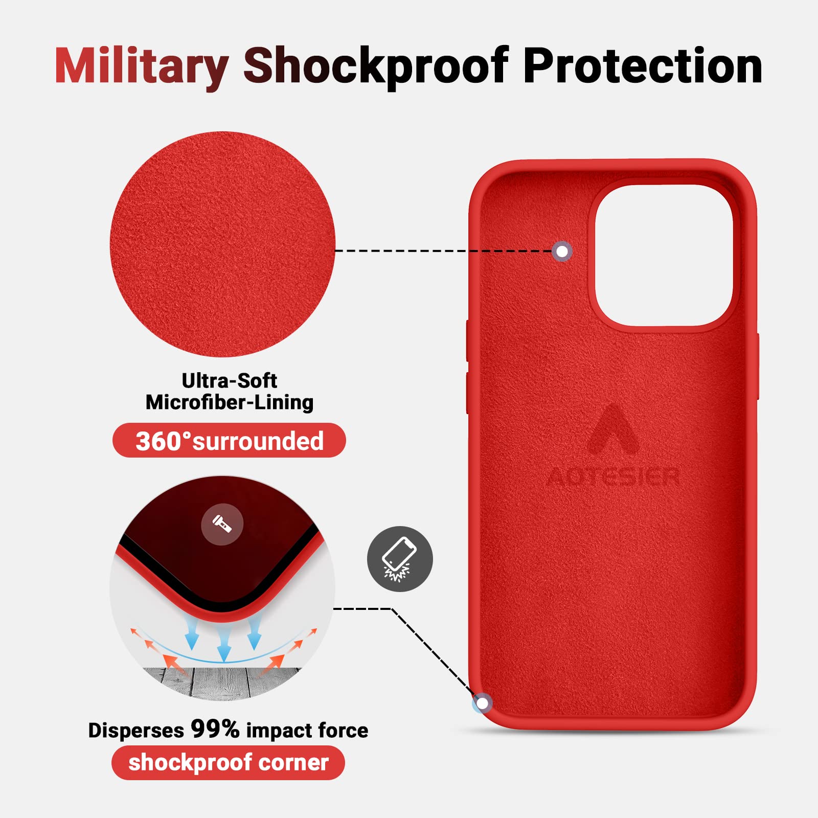 AOTESIER Coque en Silicone Souple pour iPhone 13 Pro Max, [Protection Militaire Antichoc ] Doublure en Microfibre Anti-Rayures Coque de téléphone Souple Ultra Fine 17 cm, Fraise