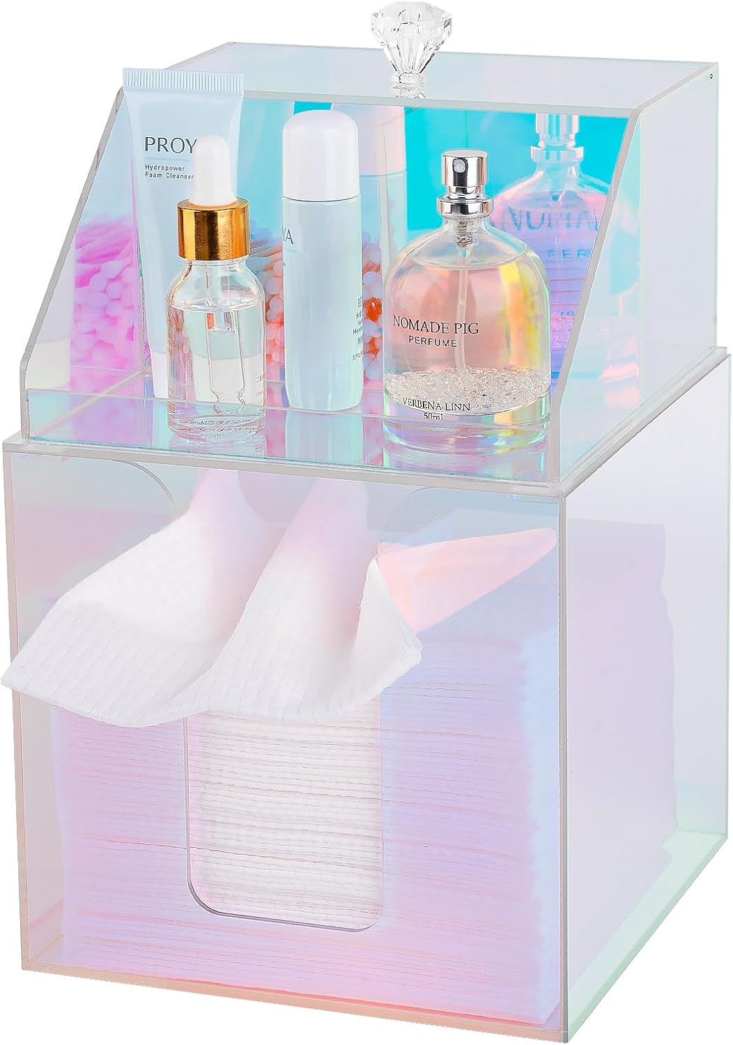 Disposable Facial Towels Storage Compatible with Clean Skin Club Clean Towel XL Double Layer Acrylic Box Cotton Pads Container Qtip Bin Face Towelettes Holder for Bathroom Counter, Glossy Rainbow