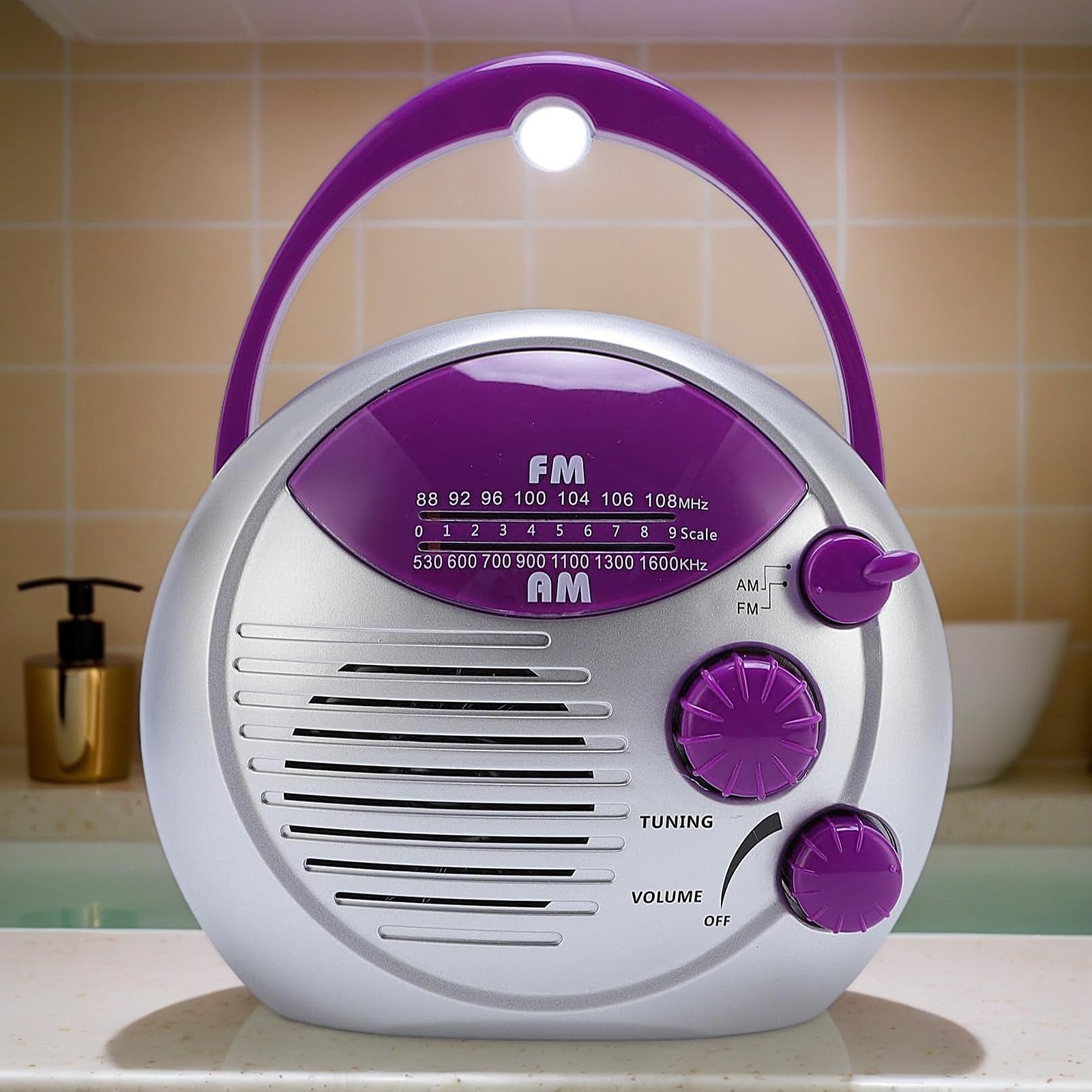Radio De Douche AM/FM Imperméable | Haut-Parleur Étanche pour Douche | Radio à Piles avec Bouton de Volume Accrochable pour Maison Cuisine Salle de Bain Bain à Remous