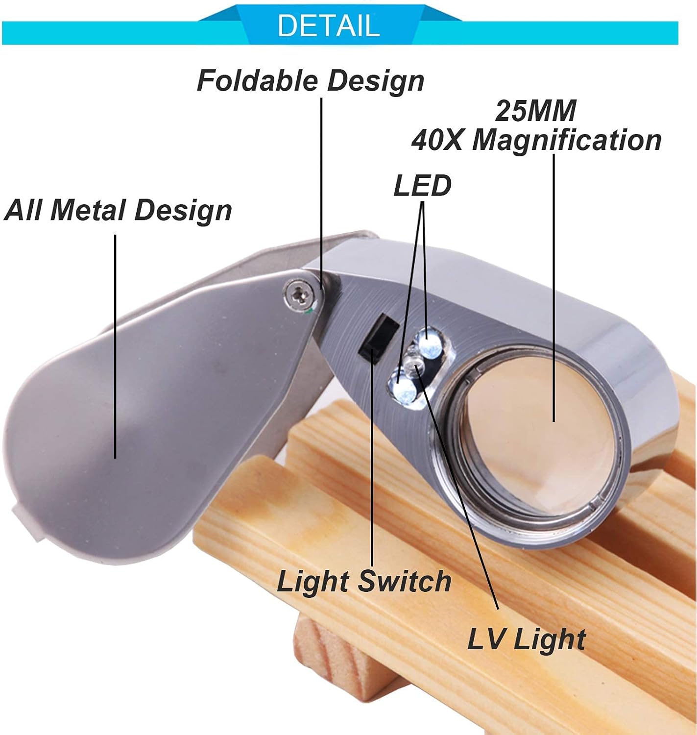 40X Full Metal Illuminated Jewelers Foldable Loupe Magnifier with LED UV Light Pocket Folding Jewelry Loop Magnifying Glass for LED Currency Detecting/Jewelry Identifying Type : Arts, Crafts & Sewing