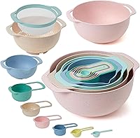 FoniFox 10-Piece Nesting Mixing Bowls Set with Measuring Spoon & Sieve - Colorful Dishwasher Safe Kitchen Bowls for Baking & Prep (Soft Breeze)