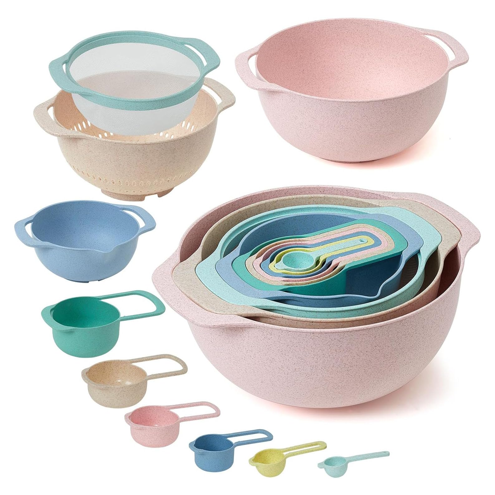 Foni Fox Plastic Mixing Bowls Set 8/10 PCS with Measuring Spoon, Colorful Serving Bowls for Kitchen, Ideal for Baking, Prepping, Nesting Bowls for