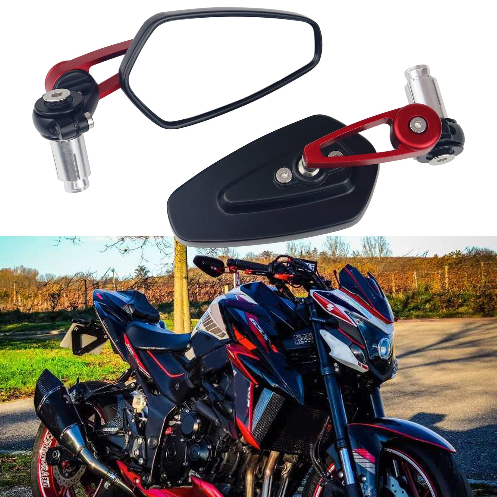 Motociclo Laterali Specchi 7/8"22mm Manubrio Lega di Alluminio Specchi Retrovisori per Scooter Cruiser Sport Bike(Rosso)